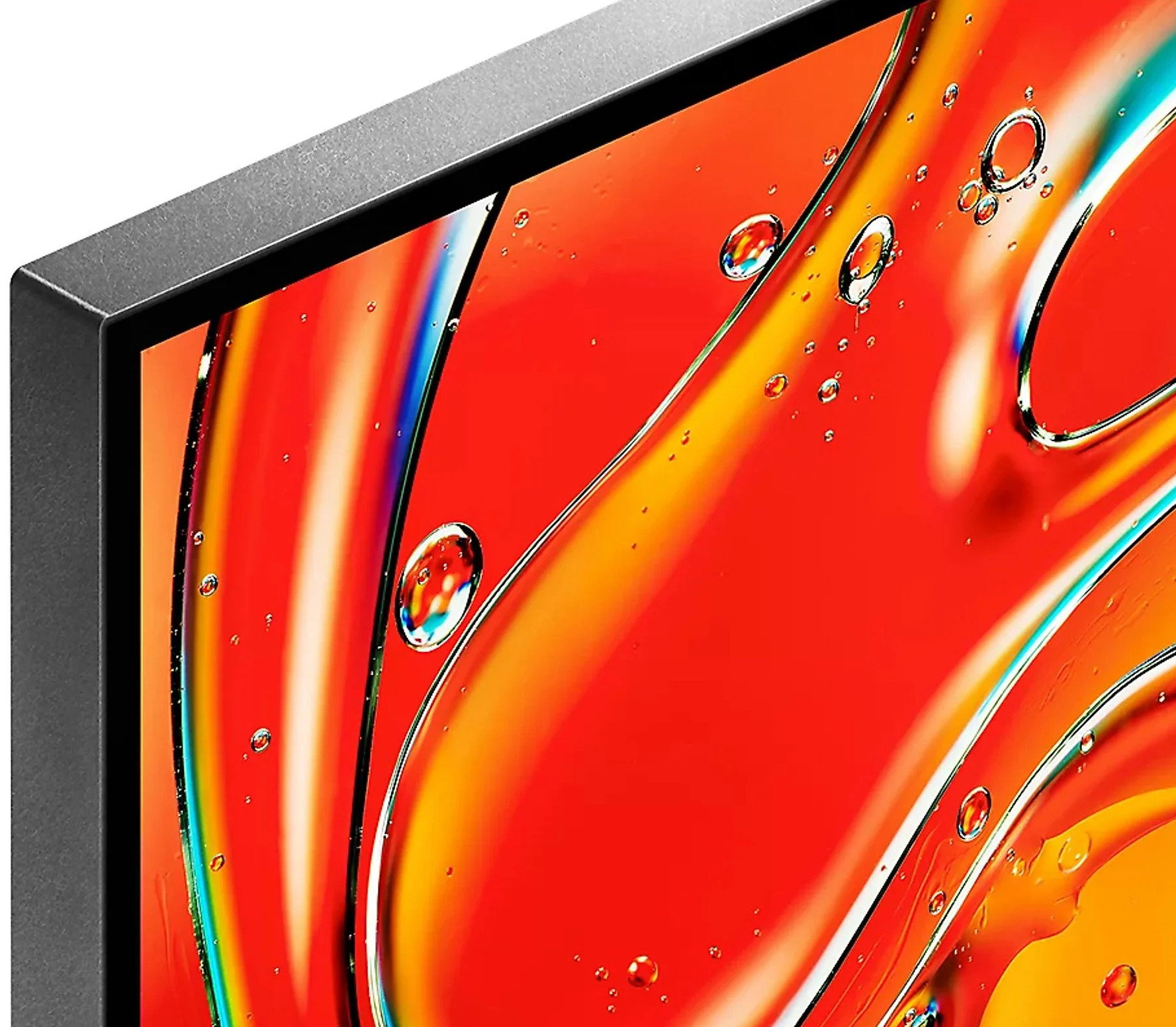 Zbliżenie ekranu telewizora z kolorową, abstrakcyjną ekspozycją sztuki płynnej.