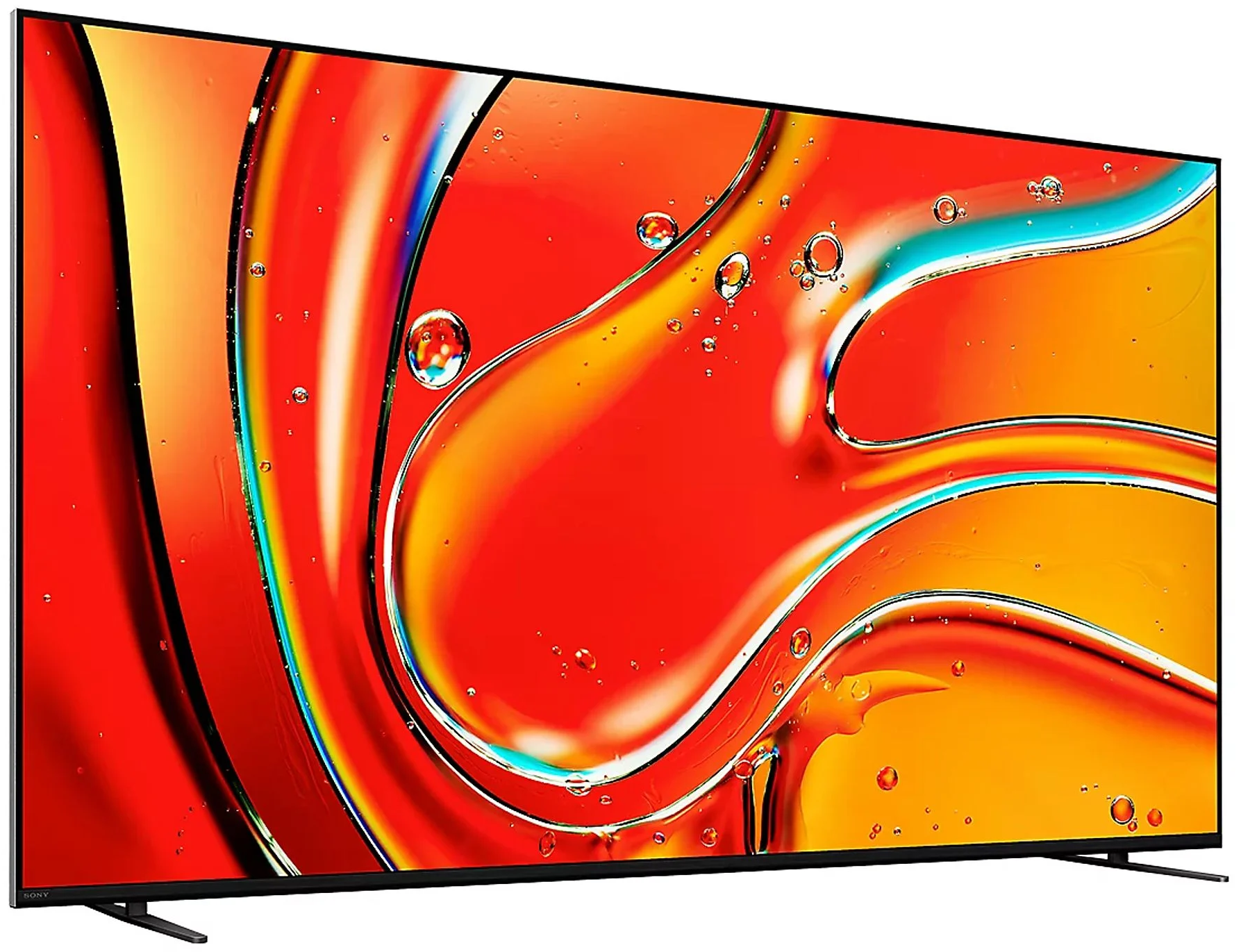Duży ekran telewizora z abstrakcyjnym czerwonym, pomarańczowym i żółtym wzorem płynów na czarnej ramie.