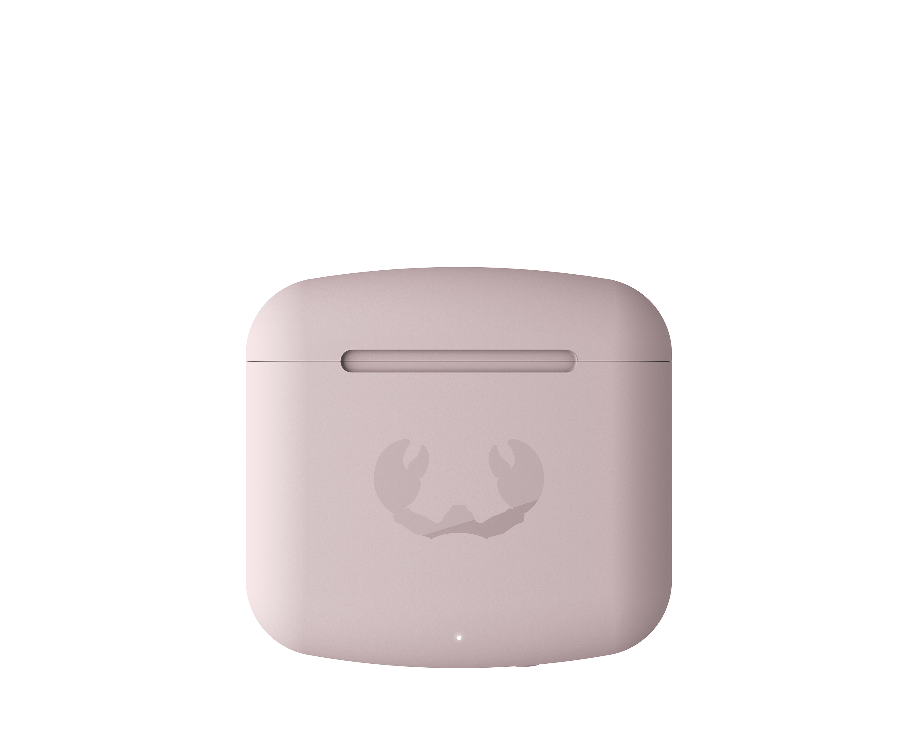 Beyaz bir arka plan üzerinde bir yengeç silüeti logosu olan pembe bir kablosuz şarj kutusu.