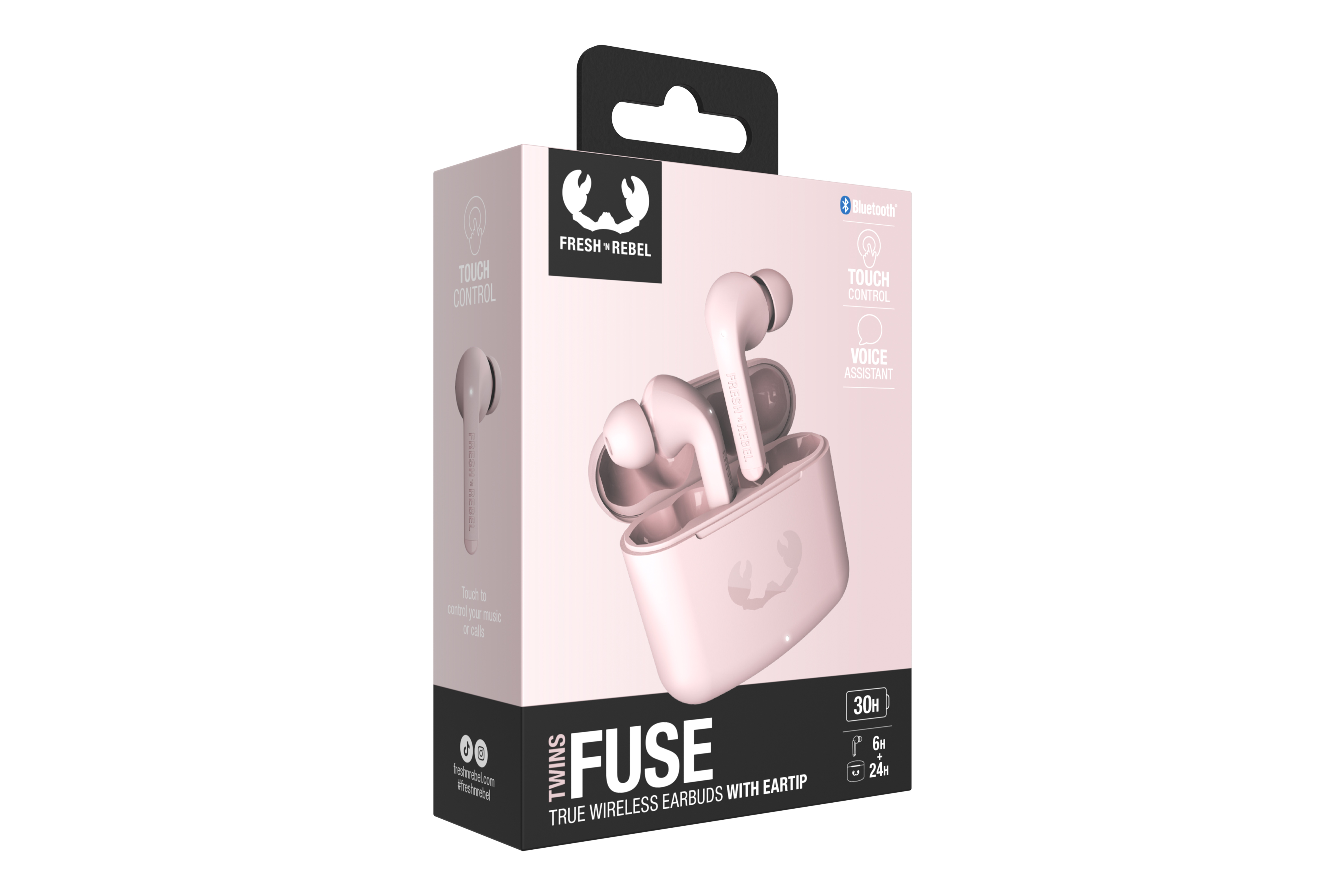 Pembe kutuda kulaklıklar. Kutudaki metin 'Fresh 'n Rebel', 'Twins Fuse'.