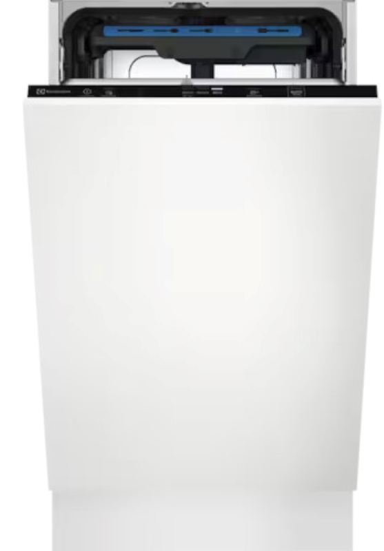 Wbudowana biała zmywarka, otwarta, z widoczną niebieską górną częścią.