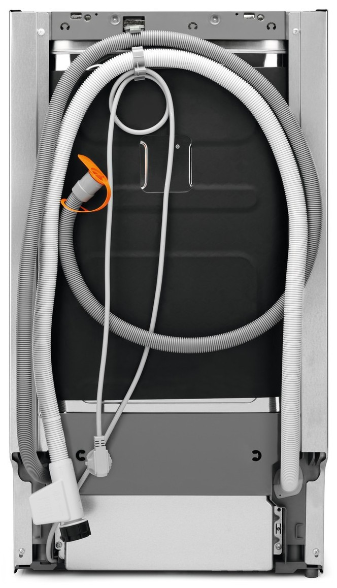 Tył zmywarki. Pokazuje różne węże, okablowanie i komorę na dole.