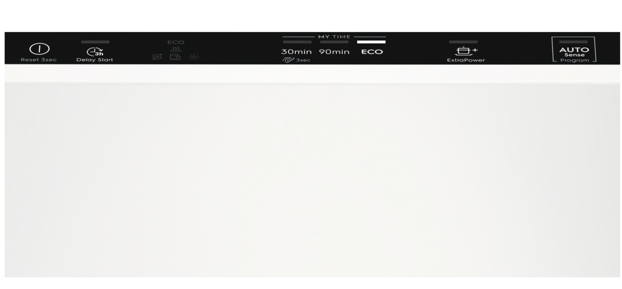 Biały panel sterowania zmywarki z przyciskami do różnych ustawień.