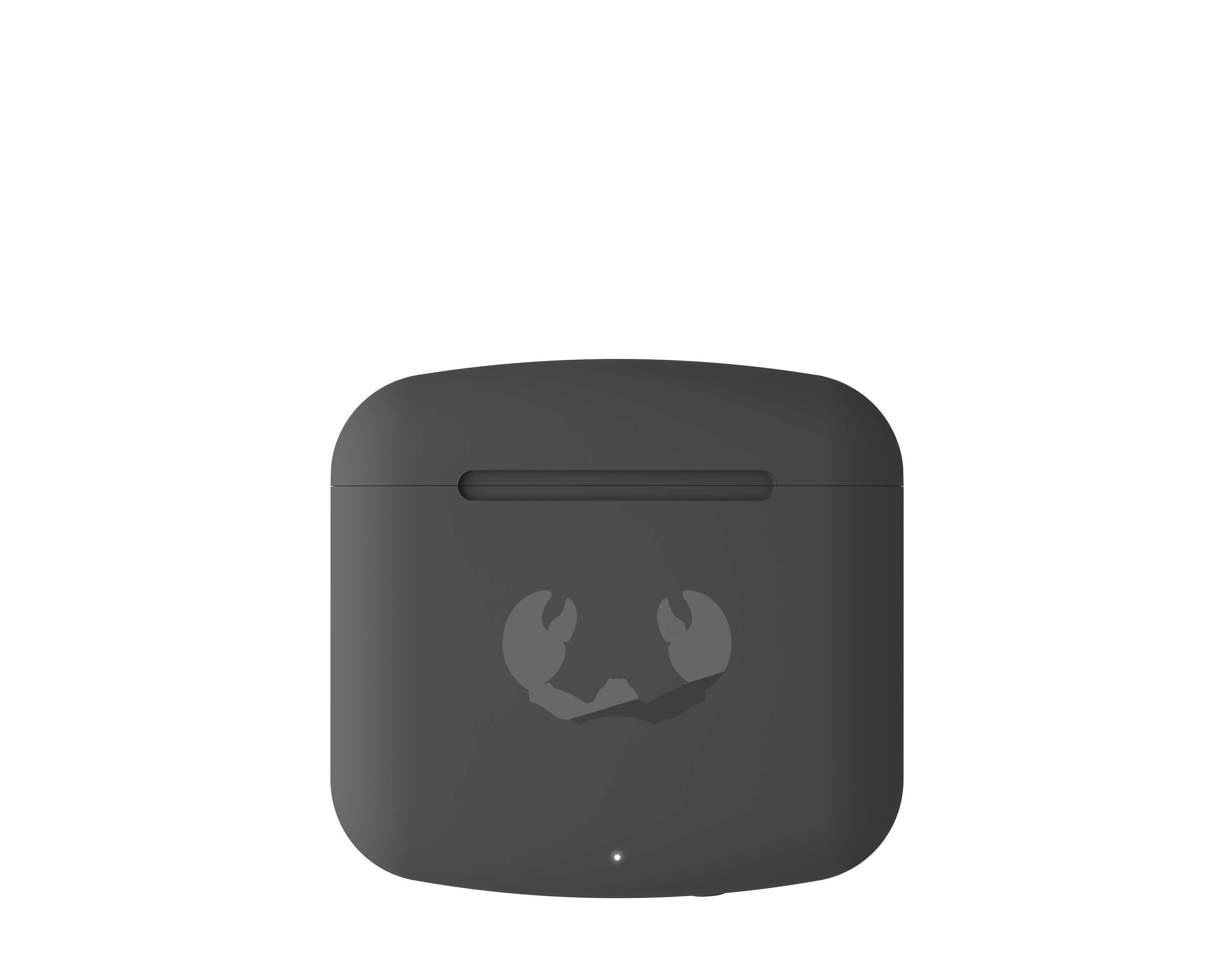 Ön tarafında bir yengeç logosu bulunan gri, kapalı bir AirPods kılıfı, beyaz bir arka plan üzerinde.