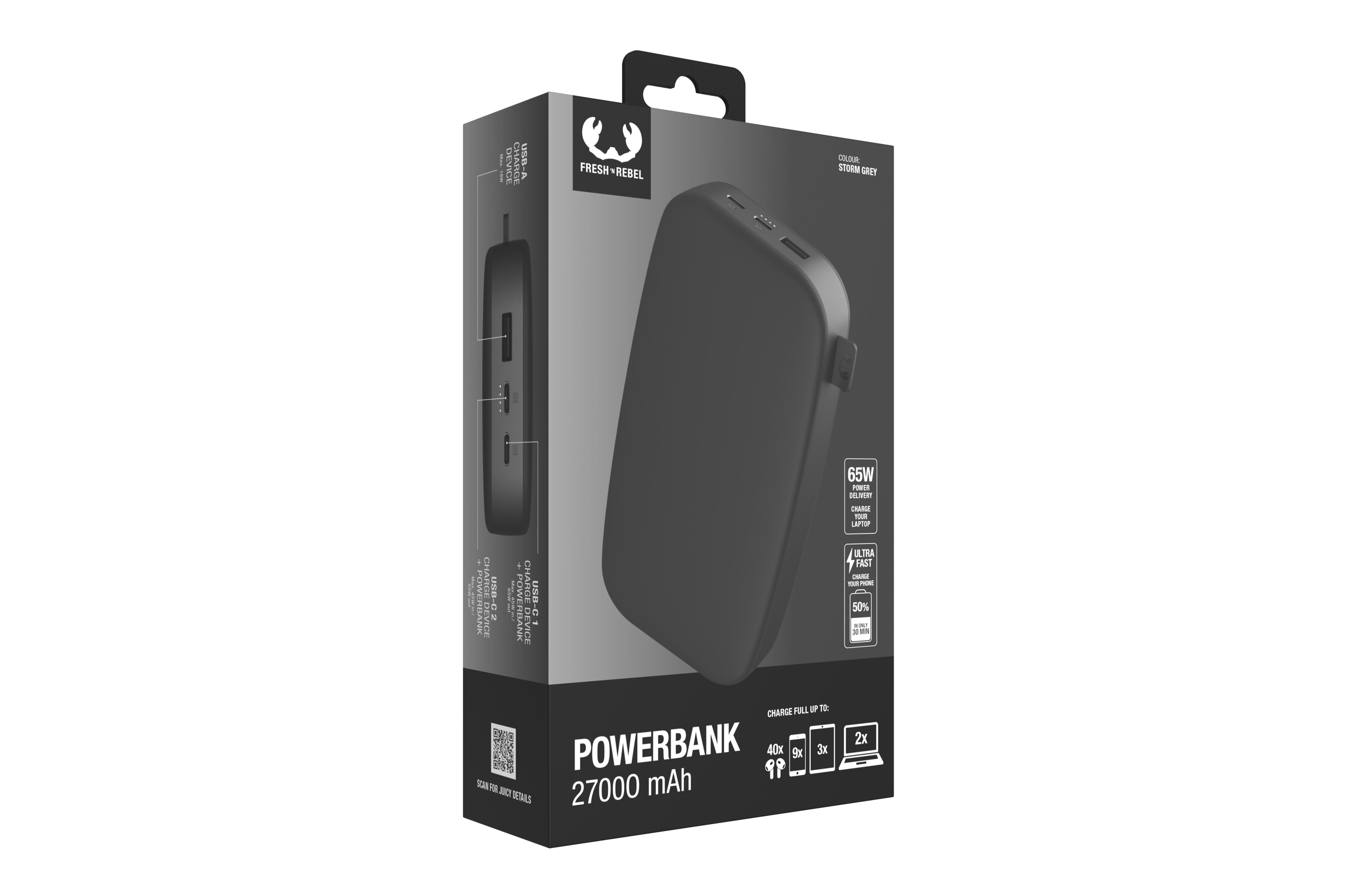 Powerbank in einer Schachtel mit Text und Bildern.