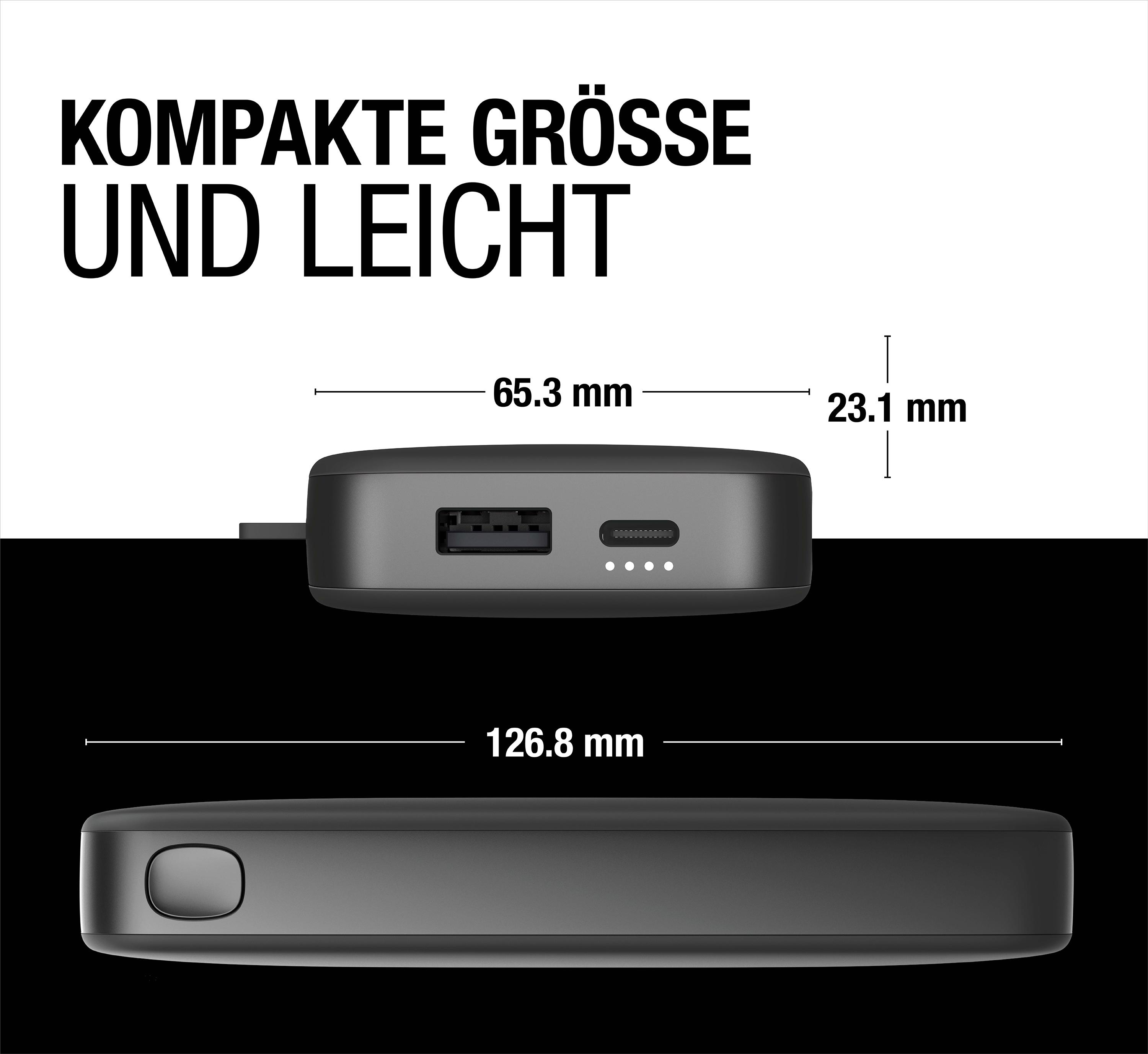 Eine schwarze Powerbank mit Abmessungen, einem USB-Anschluss und einem Ladeanschluss.