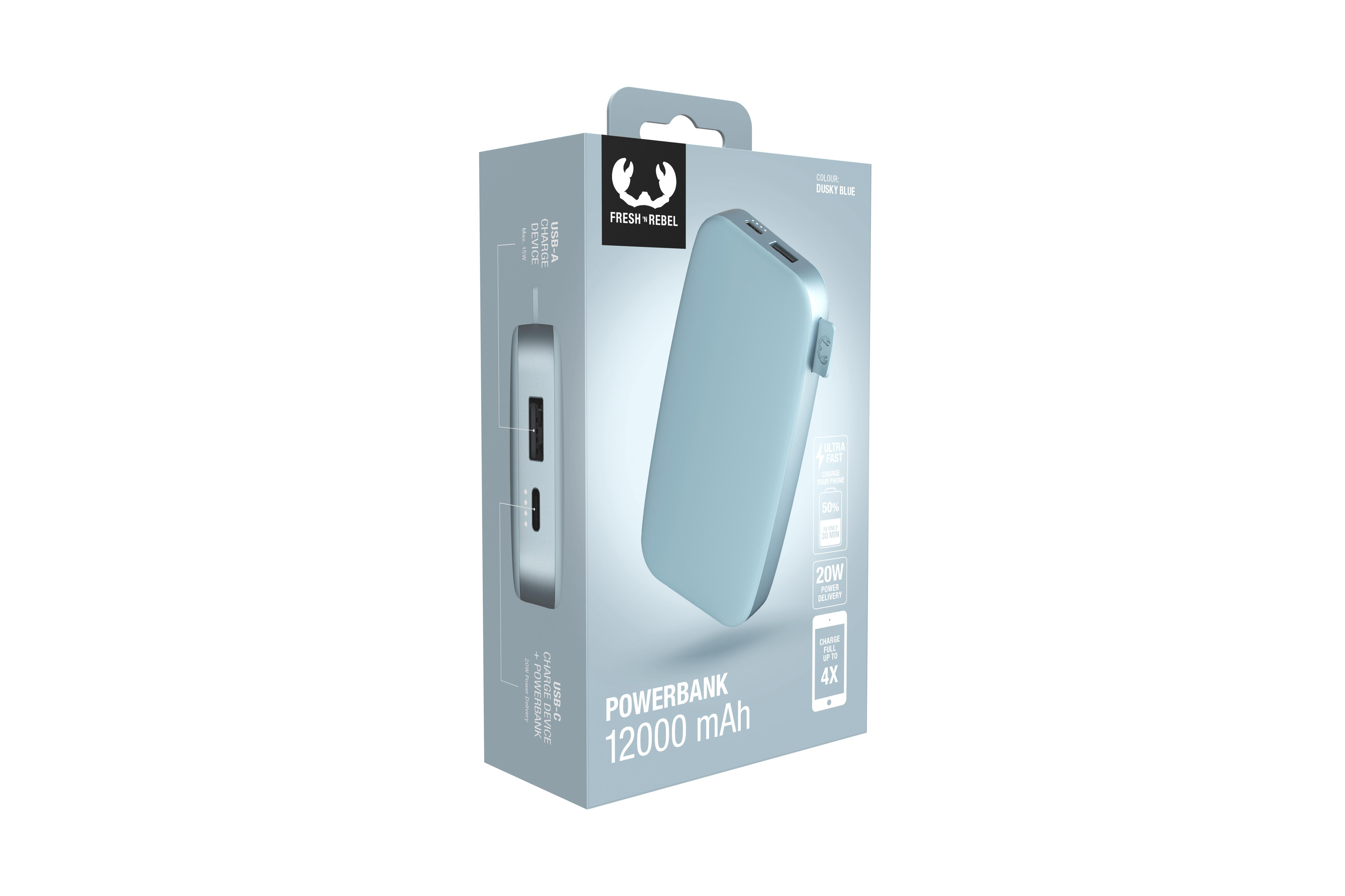 Eine blaue Powerbank in einer Box. Die Verpackung zeigt Details über das Produkt und seine Eigenschaften.