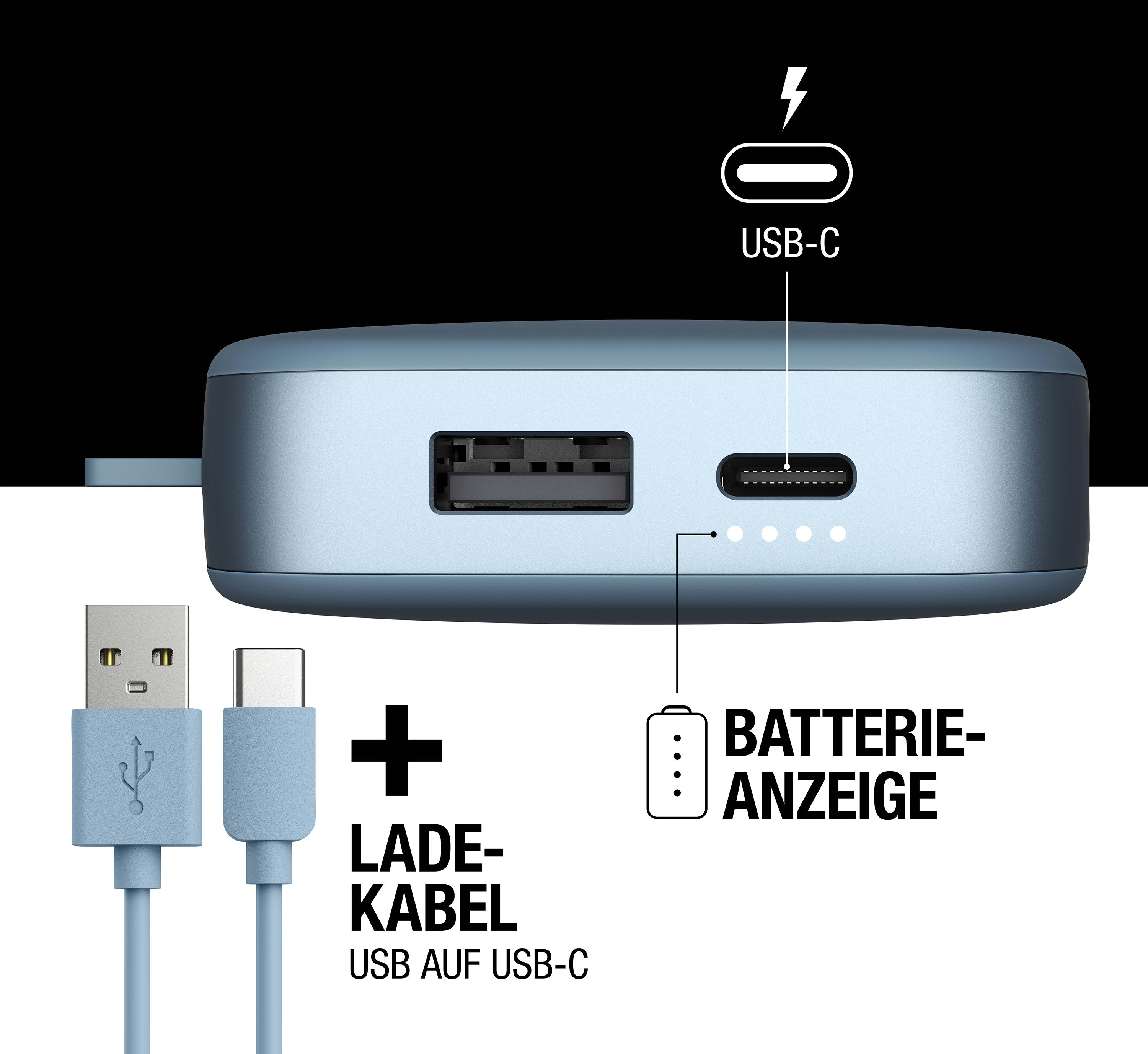 Eine blaue Powerbank mit Ladekabeln. USB- und USB-C-Anschlüsse werden mit einer Batteriestandsanzeige angezeigt.