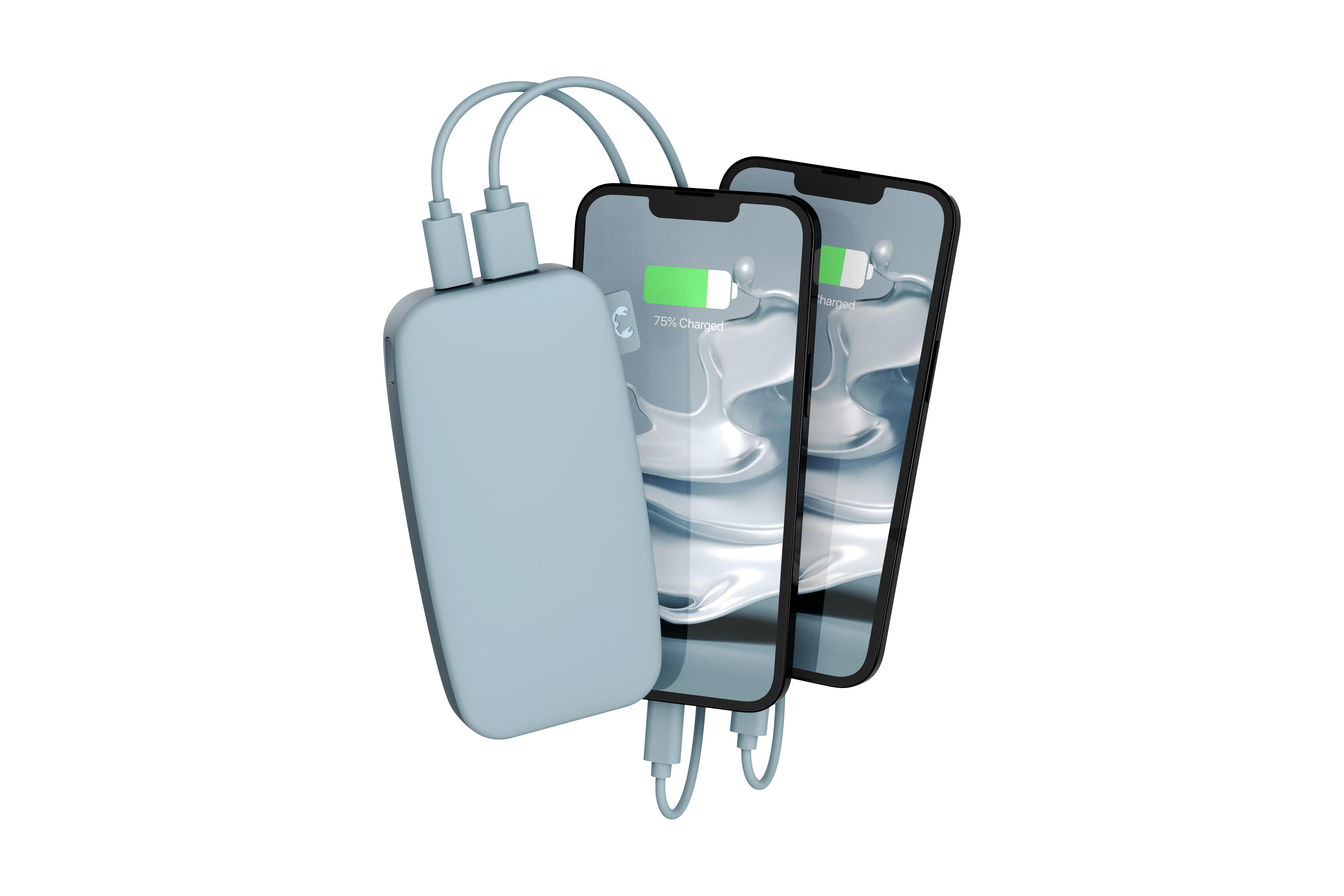 Zwei Telefone, die von einer Powerbank aufgeladen werden. Die Telefone zeigen 75 % geladen an.