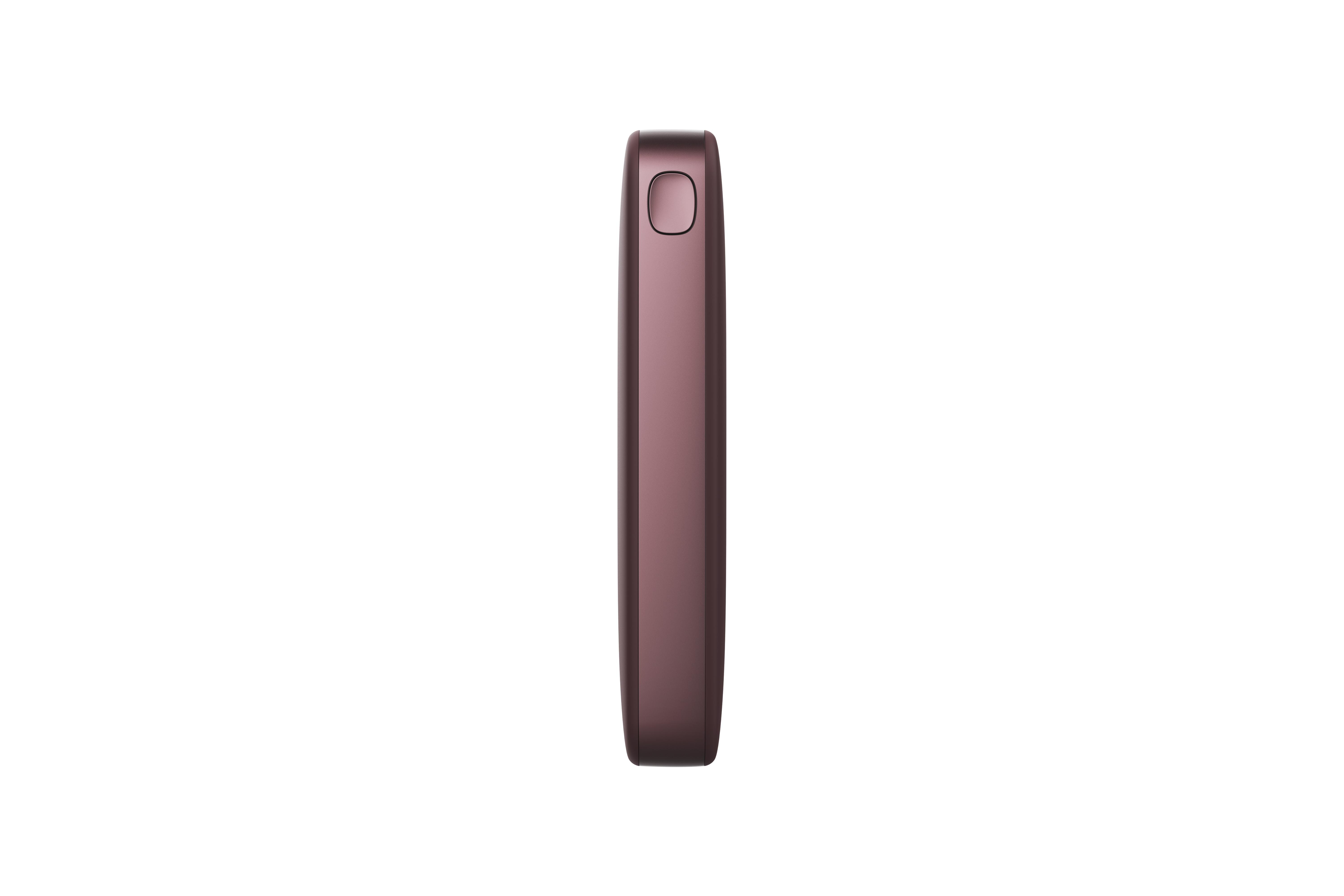 Seitenansicht einer lilafarbenen Powerbank. Klares Design, einfarbig.