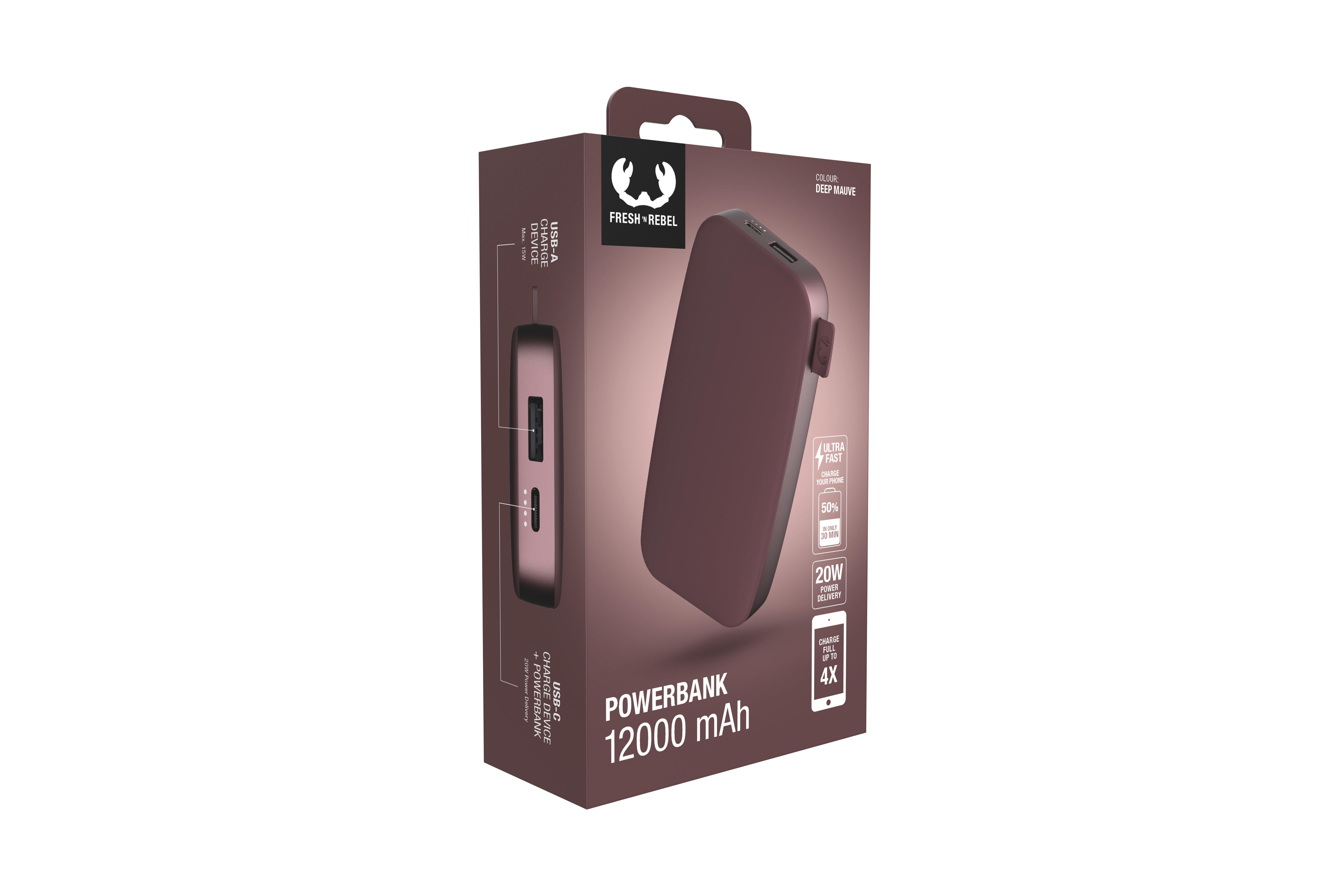 Eine bordeauxrote Fresh 'n Rebel Powerbank in ihrer Box. Text beschreibt die Funktionen.