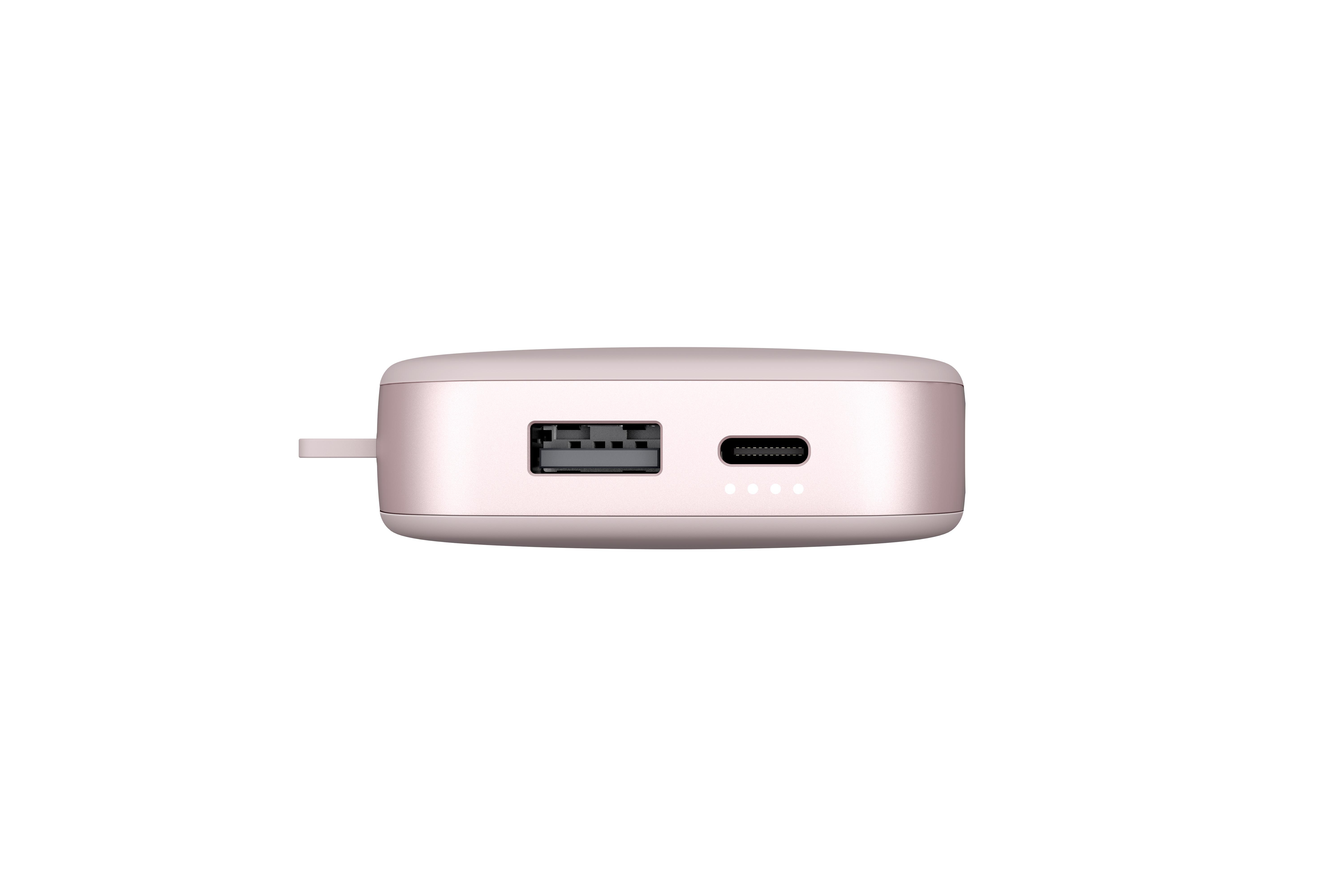 Pinkfarbene Powerbank mit USB- und USB-C-Anschlüssen. Es hat vier kleine Kontrollleuchten.