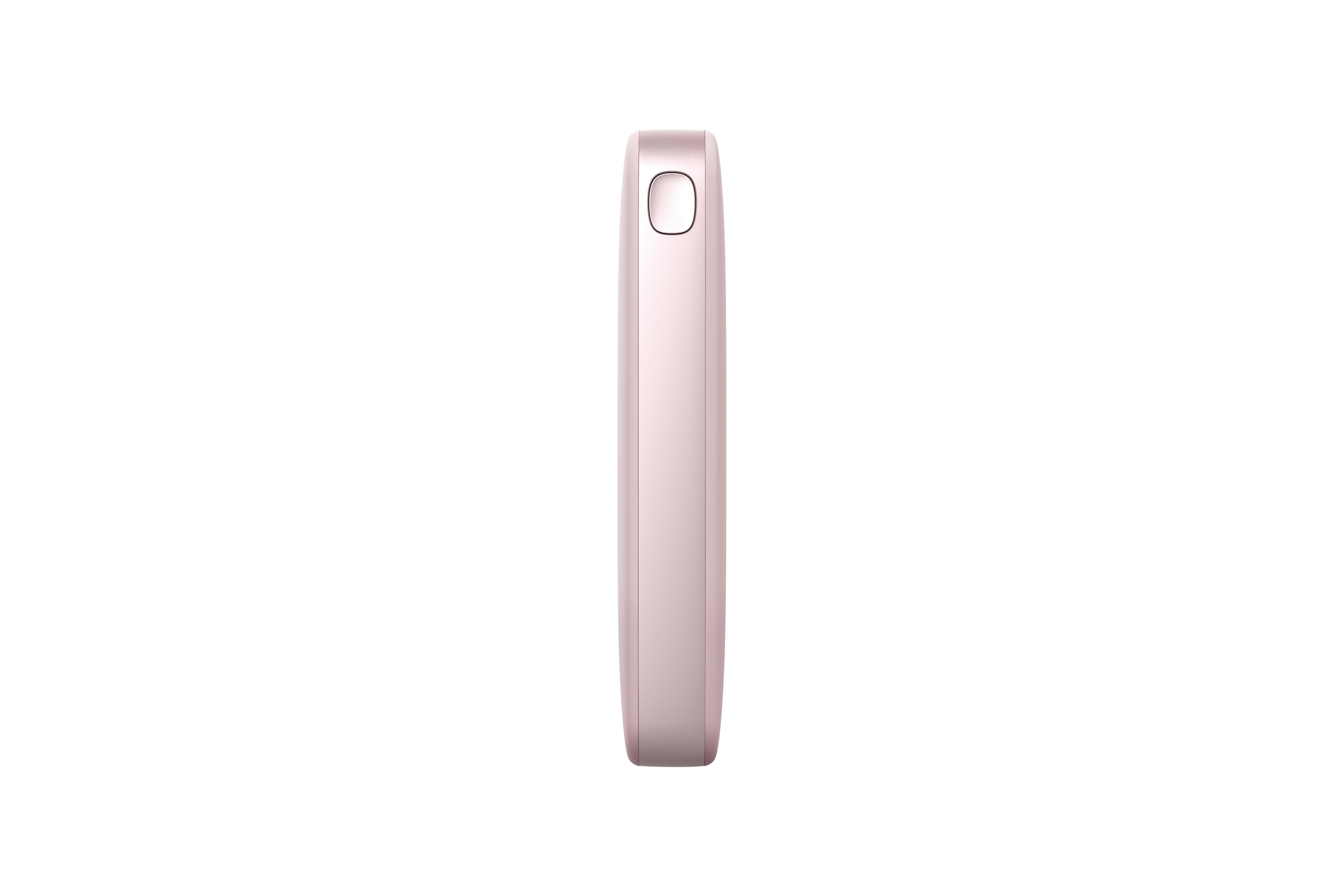 Ein vertikales, rosafarbenes Gerät, möglicherweise ein Vape oder eine Powerbank, vor weißem Hintergrund.