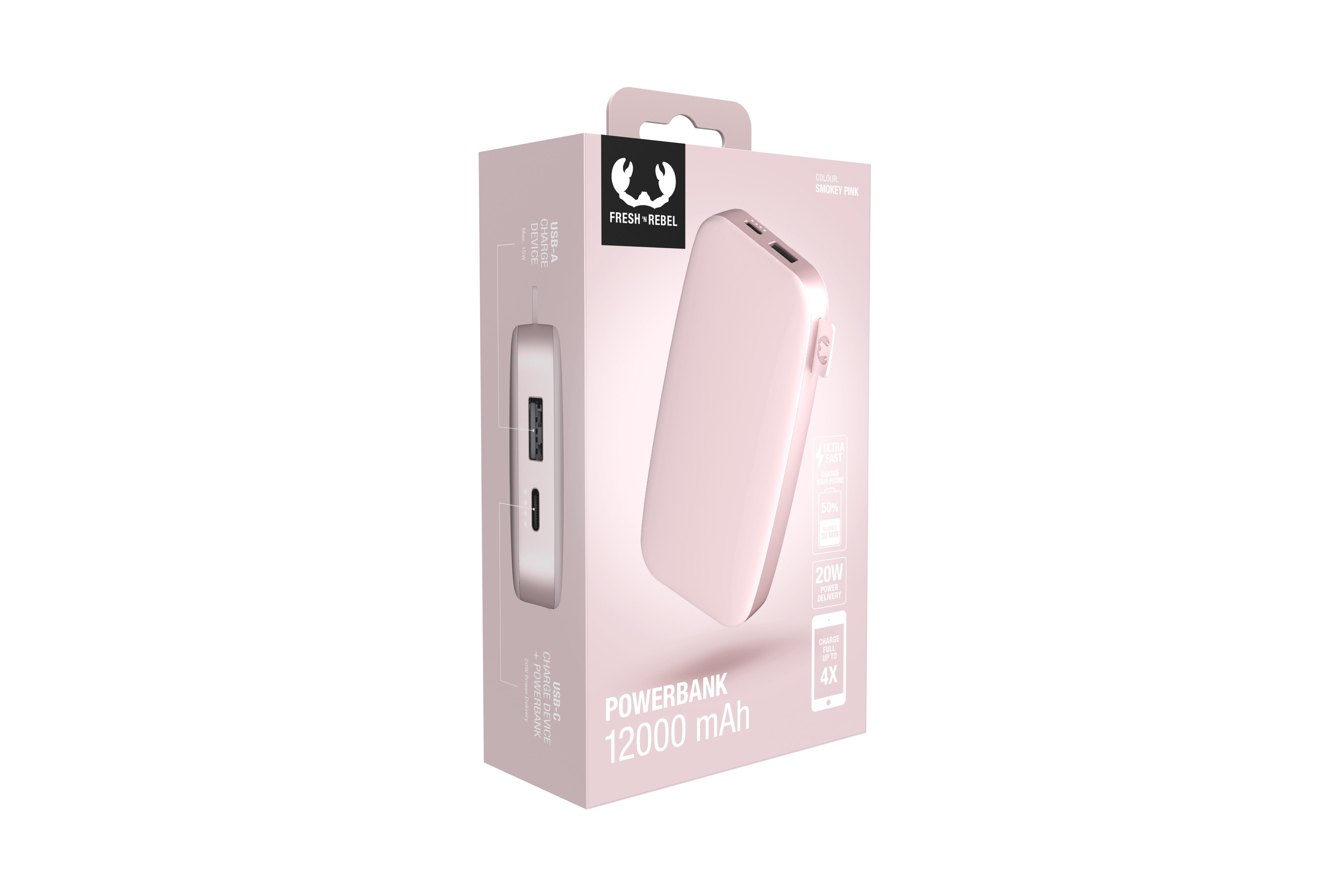 Pinke Powerbank in einer pinken Box mit Text.