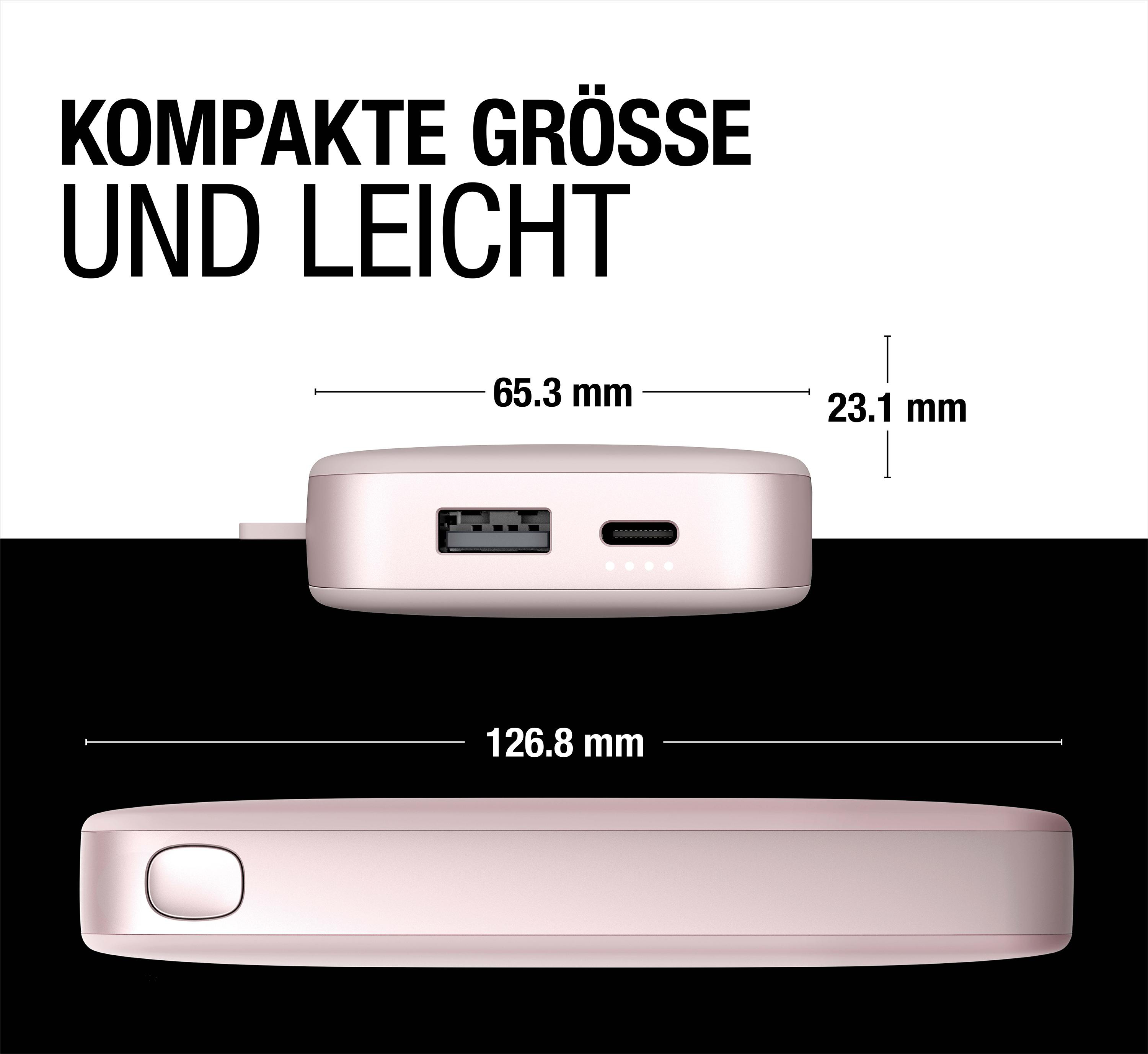 Rosa Powerbank mit Abmessungen. Text auf Deutsch beschreibt Größe und Gewicht.