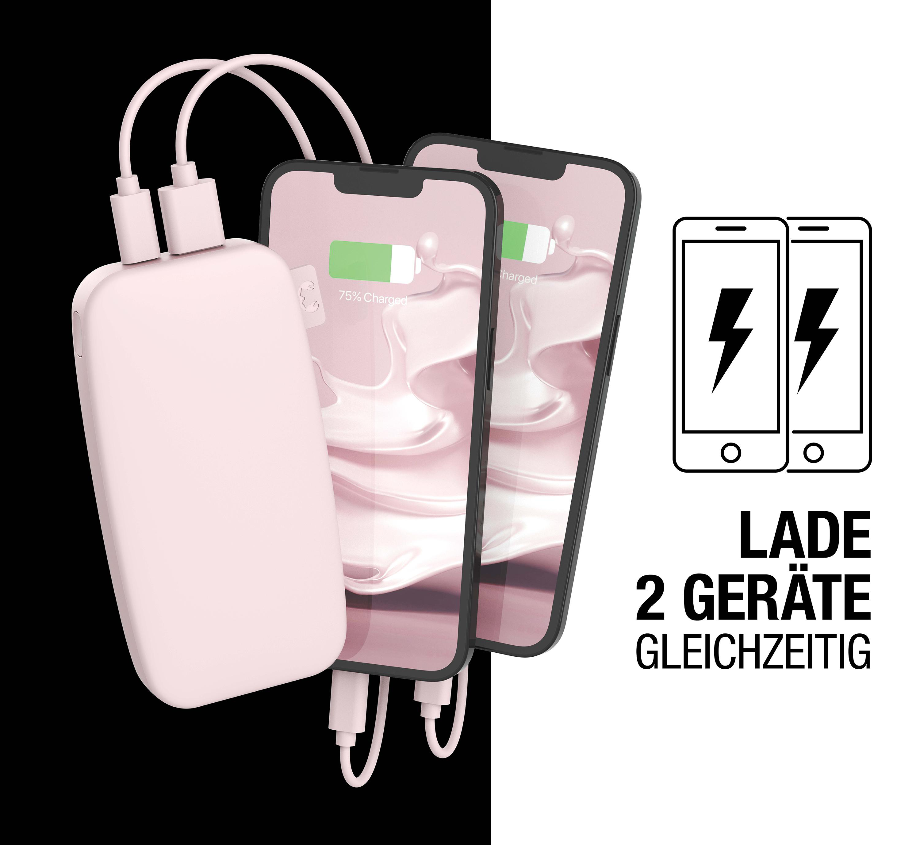 Rosafarbene Powerbank, die zwei Telefone lädt, mit Text: 'LADE 2 GERÄTE'.