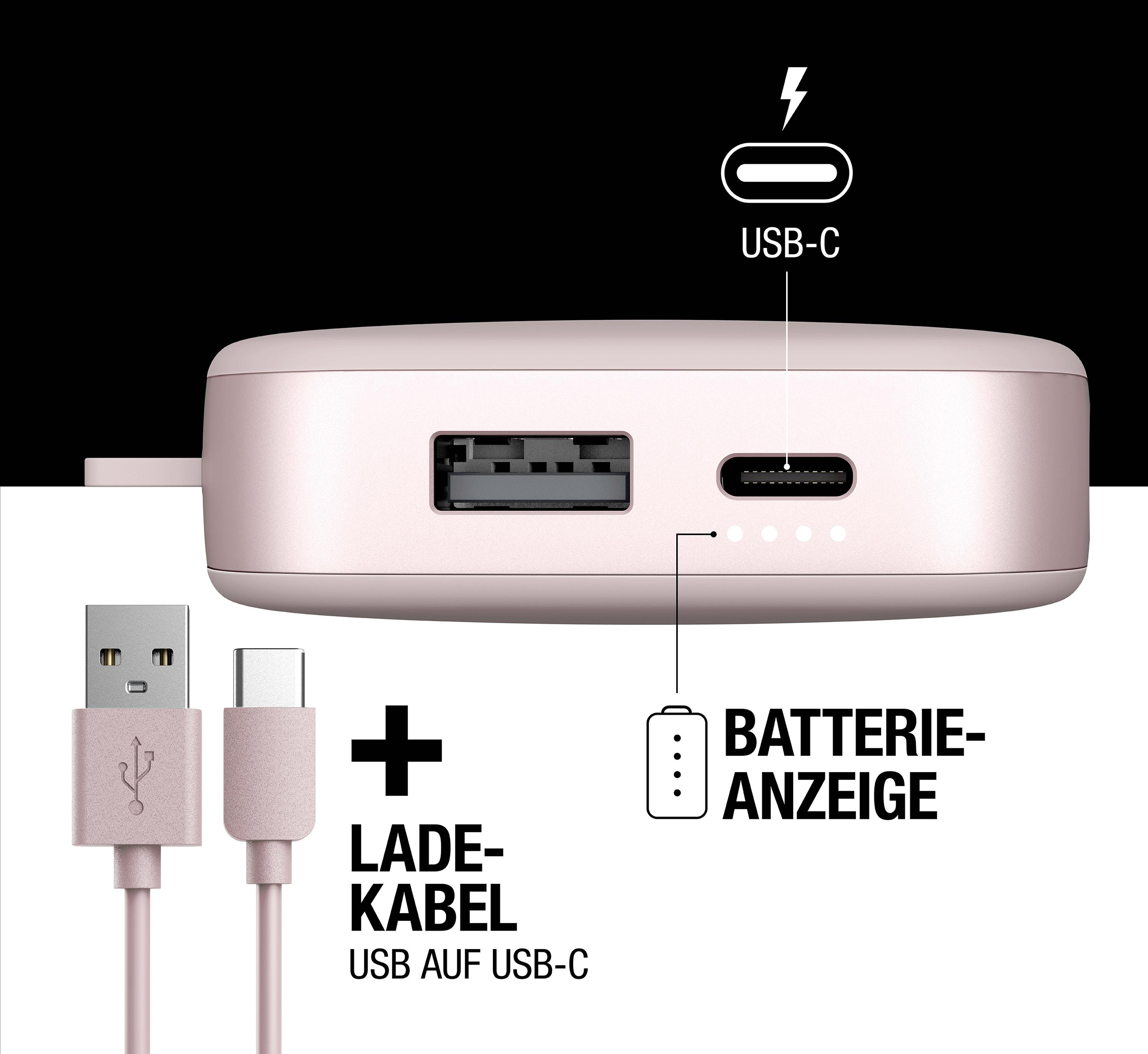Nahaufnahme einer pinken Powerbank mit USB- und USB-C-Anschlüssen.