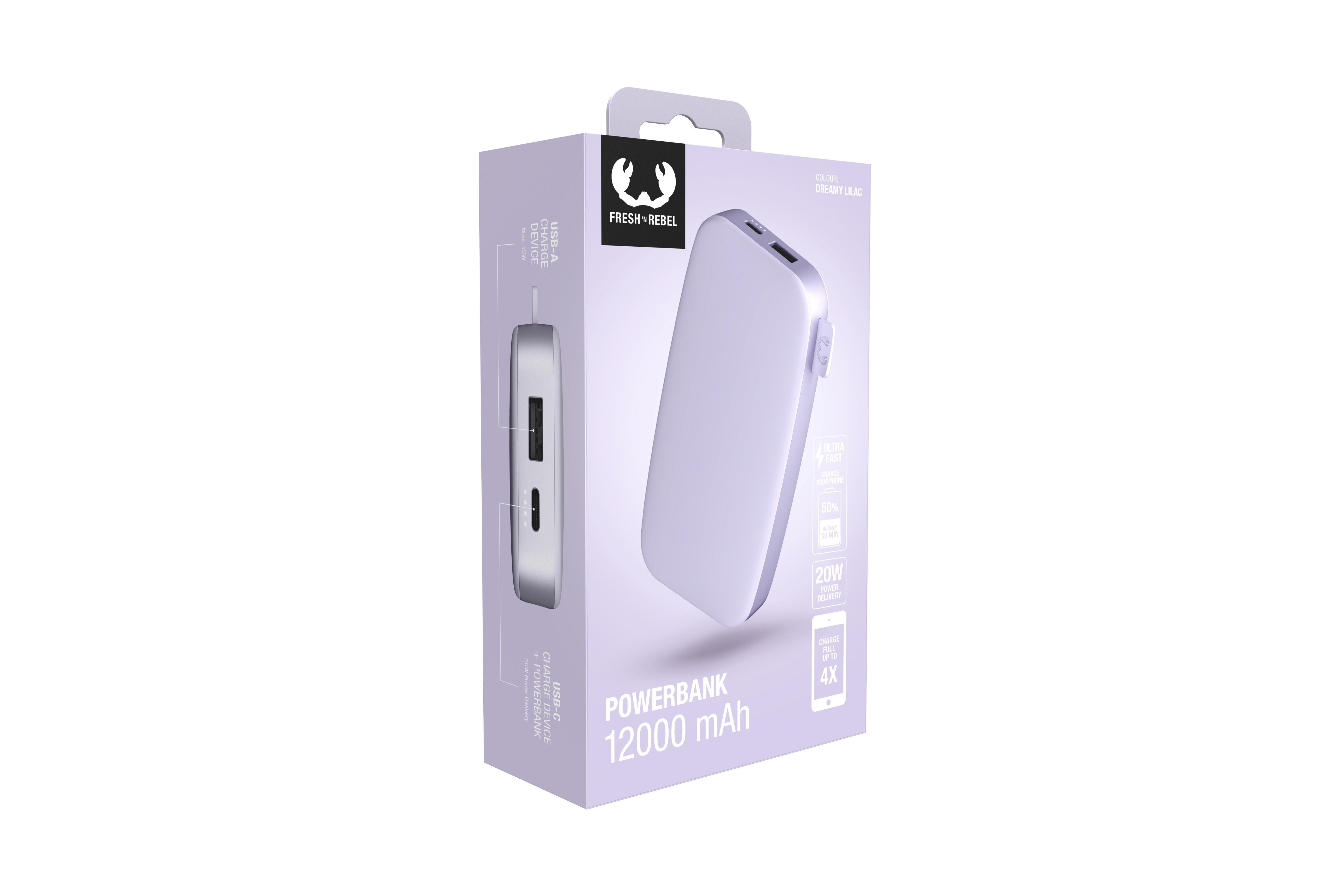 Eine lila Powerbank in ihrer Einzelhandelsverpackung, mit weißem Hintergrund.