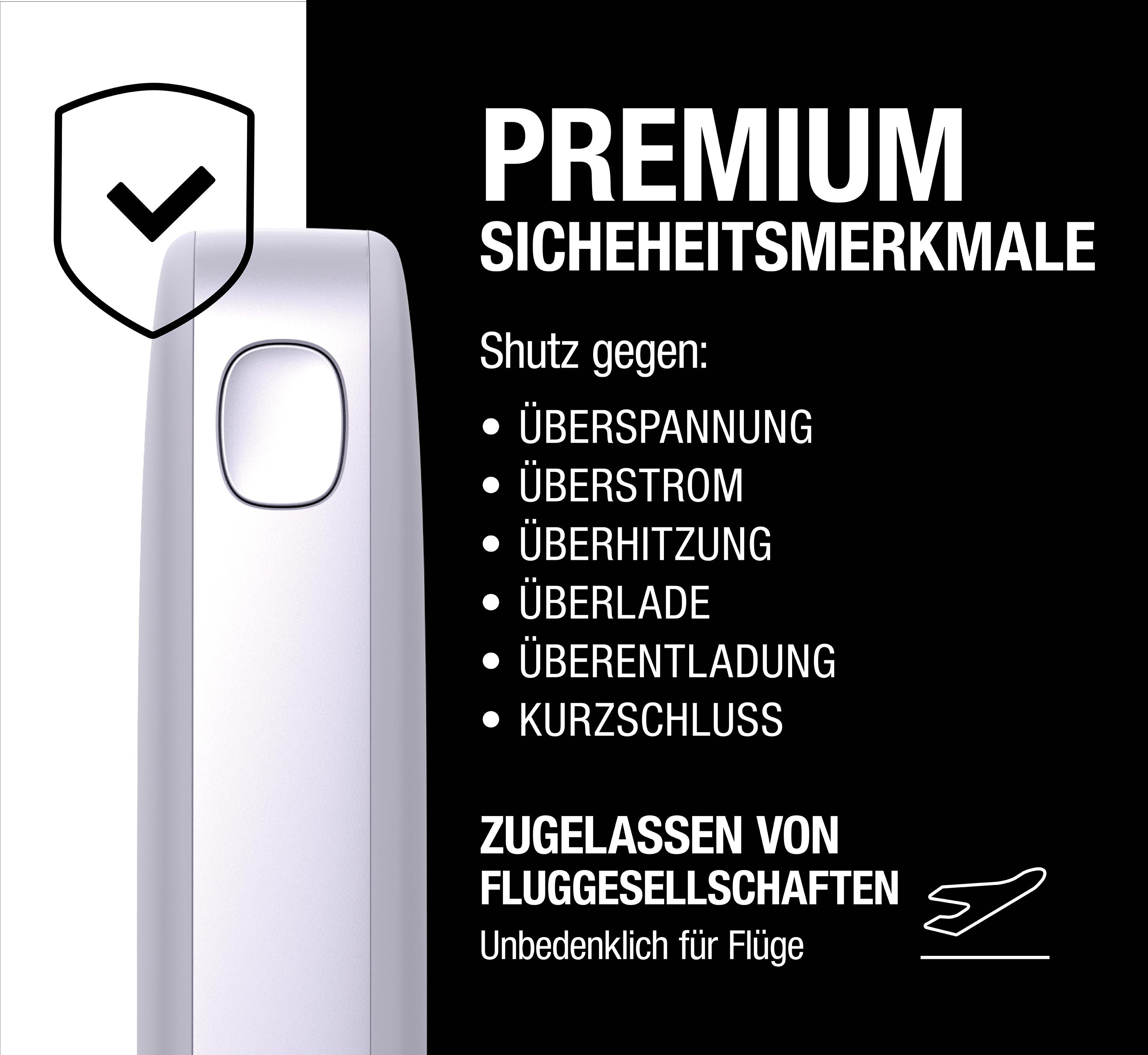 Weißes Gerät mit Knopf und Text. Schild mit Häkchen-Symbol in der oberen linken Ecke.
