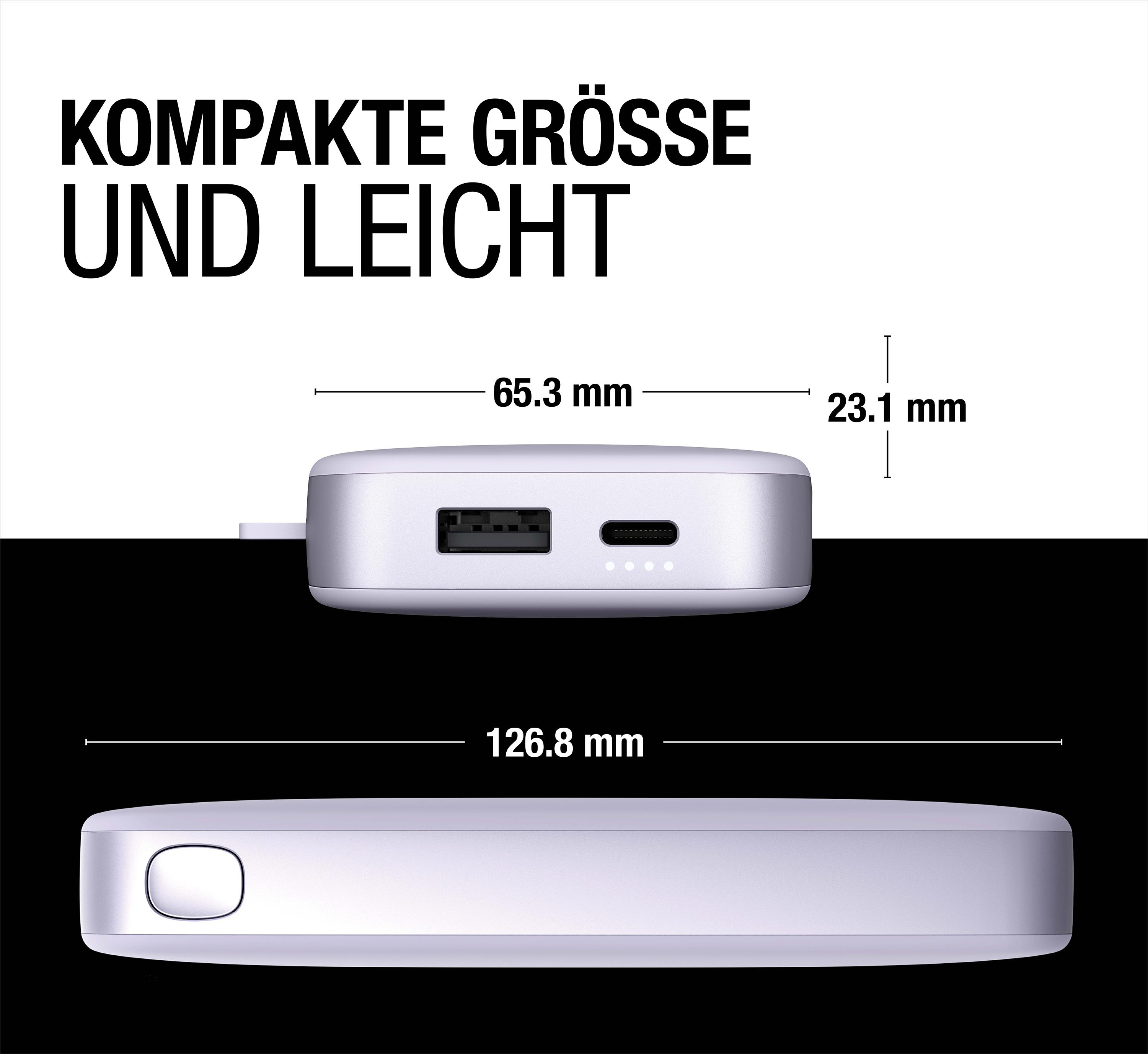 Eine silberfarbene Powerbank mit angezeigten Maßen. Sie befindet sich auf weißem Hintergrund.