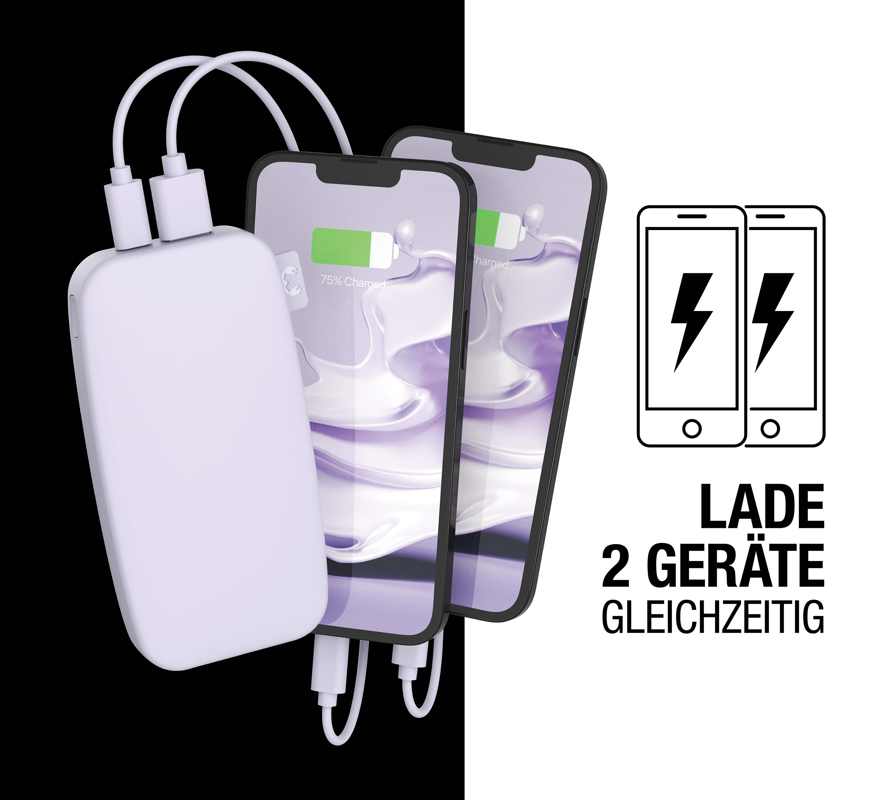 Powerbank, der zwei Telefone auflädt. Eine Grafik zeigt das gleichzeitige Aufladen von zwei Geräten.