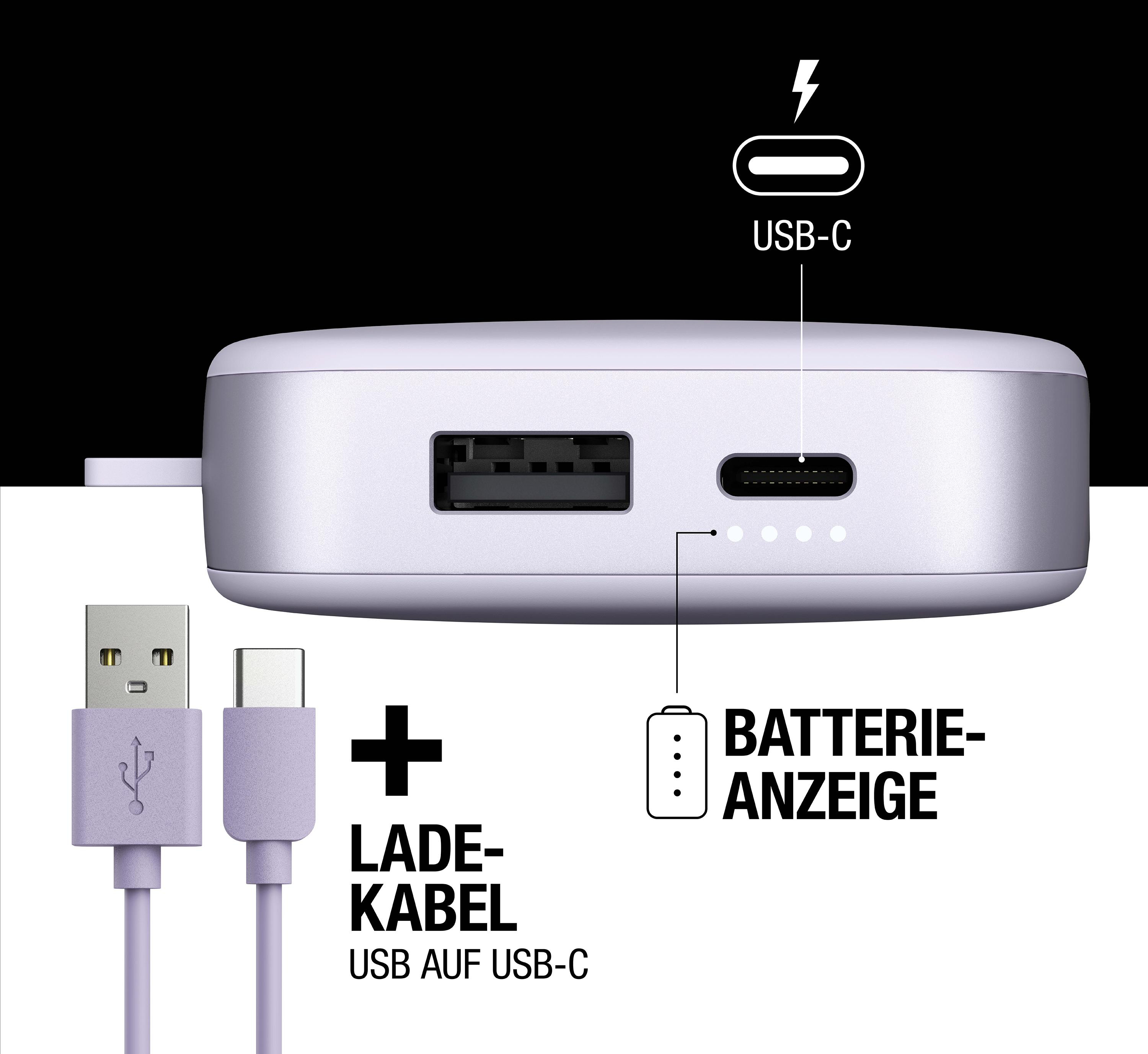 Eine lavendelfarbene Powerbank mit USB- und USB-C-Anschlüssen, USB-Kabel und Batterieanzeige.