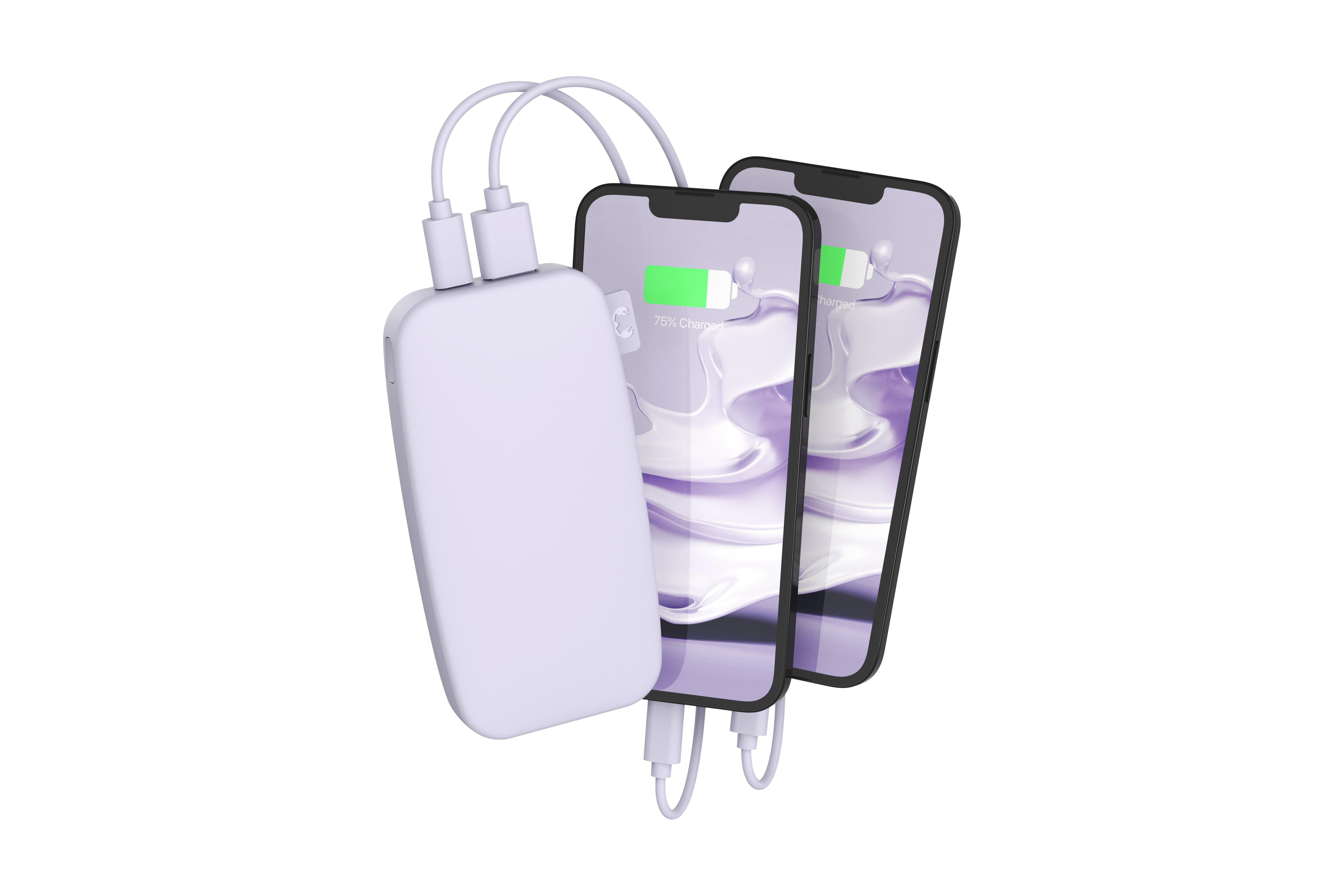 Zwei Telefone werden mit einer weißen Powerbank aufgeladen, mit einem Symbol, das den Ladestatus anzeigt.