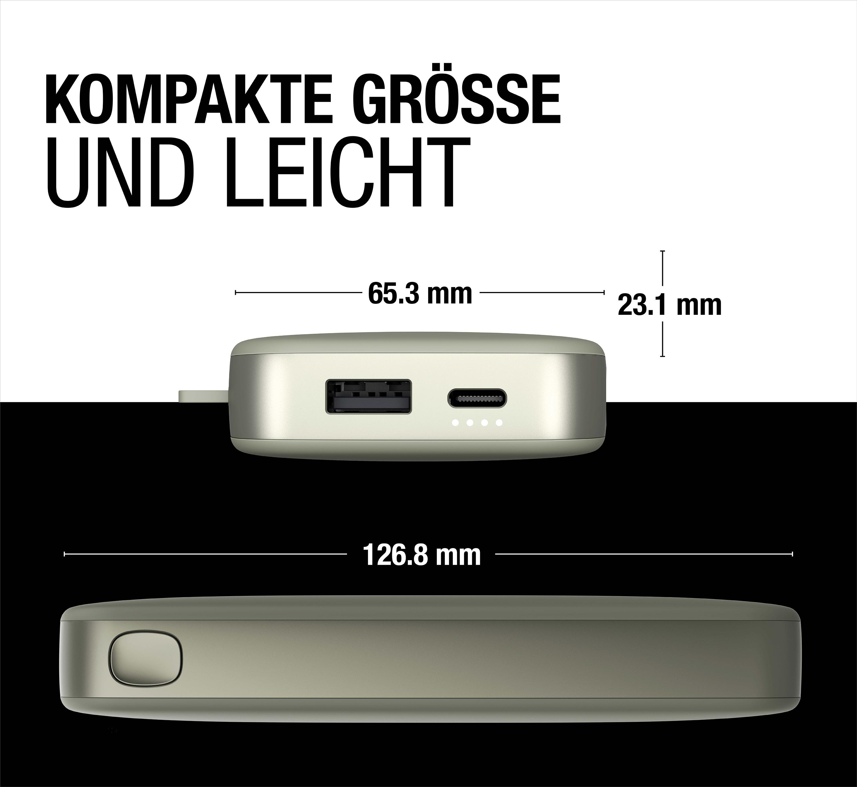 Ein silberfarbenes Gerät mit USB- und USB-C-Anschlüssen wird gezeigt.
