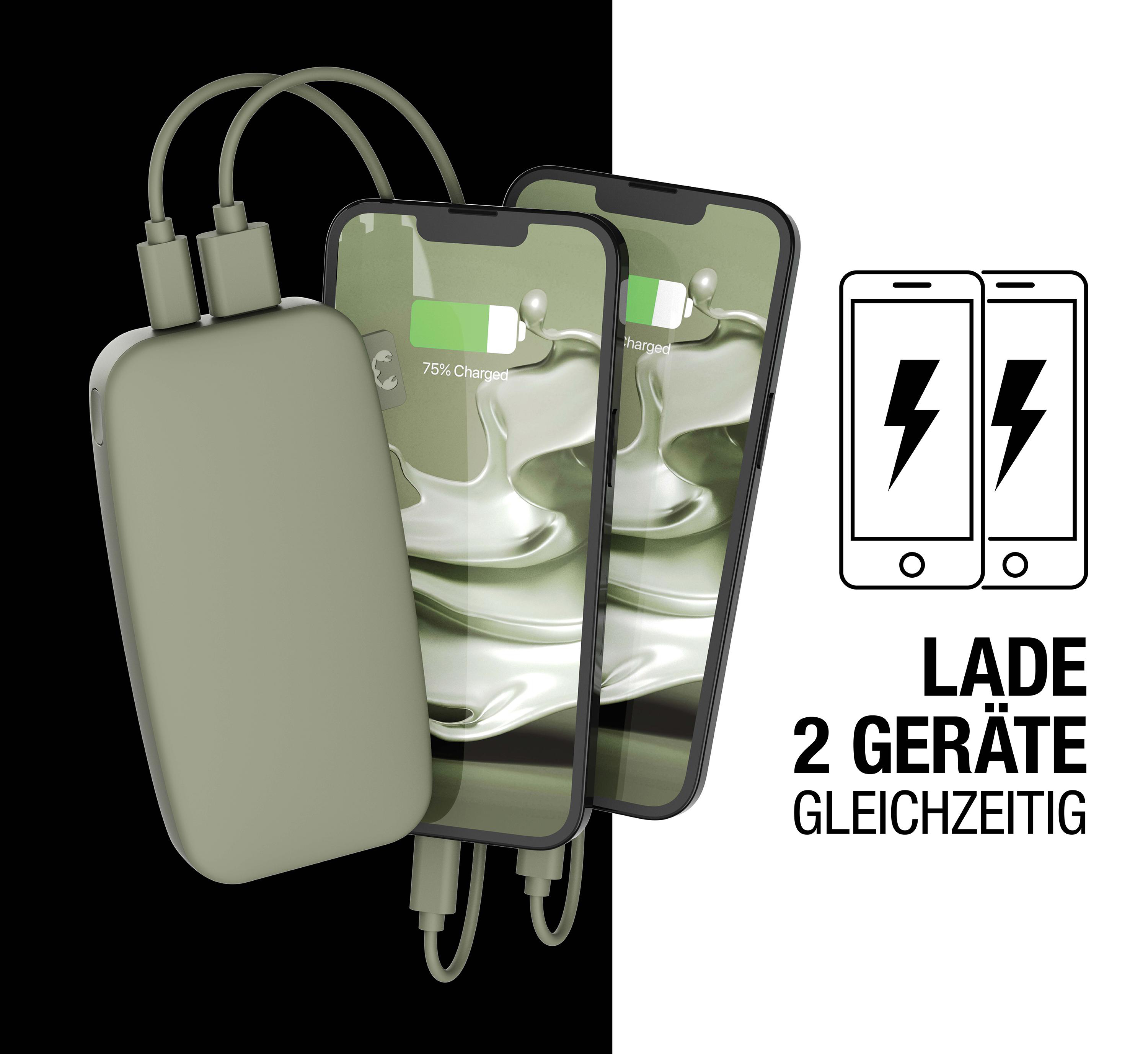 Zwei Telefone laden von einer Powerbank. Text: 'Laden Sie 2 Geräte gleichzeitig'.