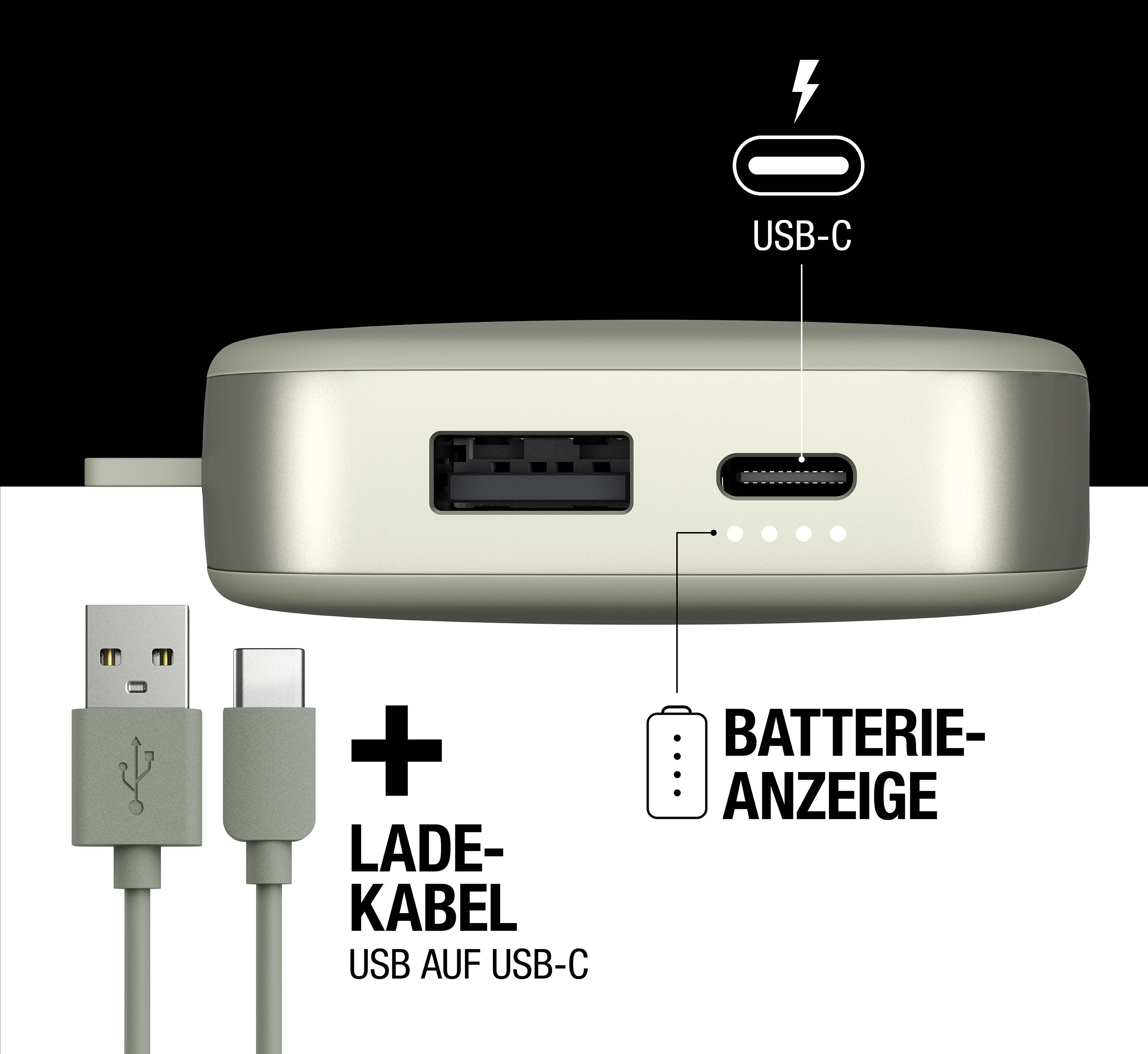 Eine silberne Powerbank mit USB-Anschlüssen und einem USB-C-Anschluss. Kabel sind vorhanden.