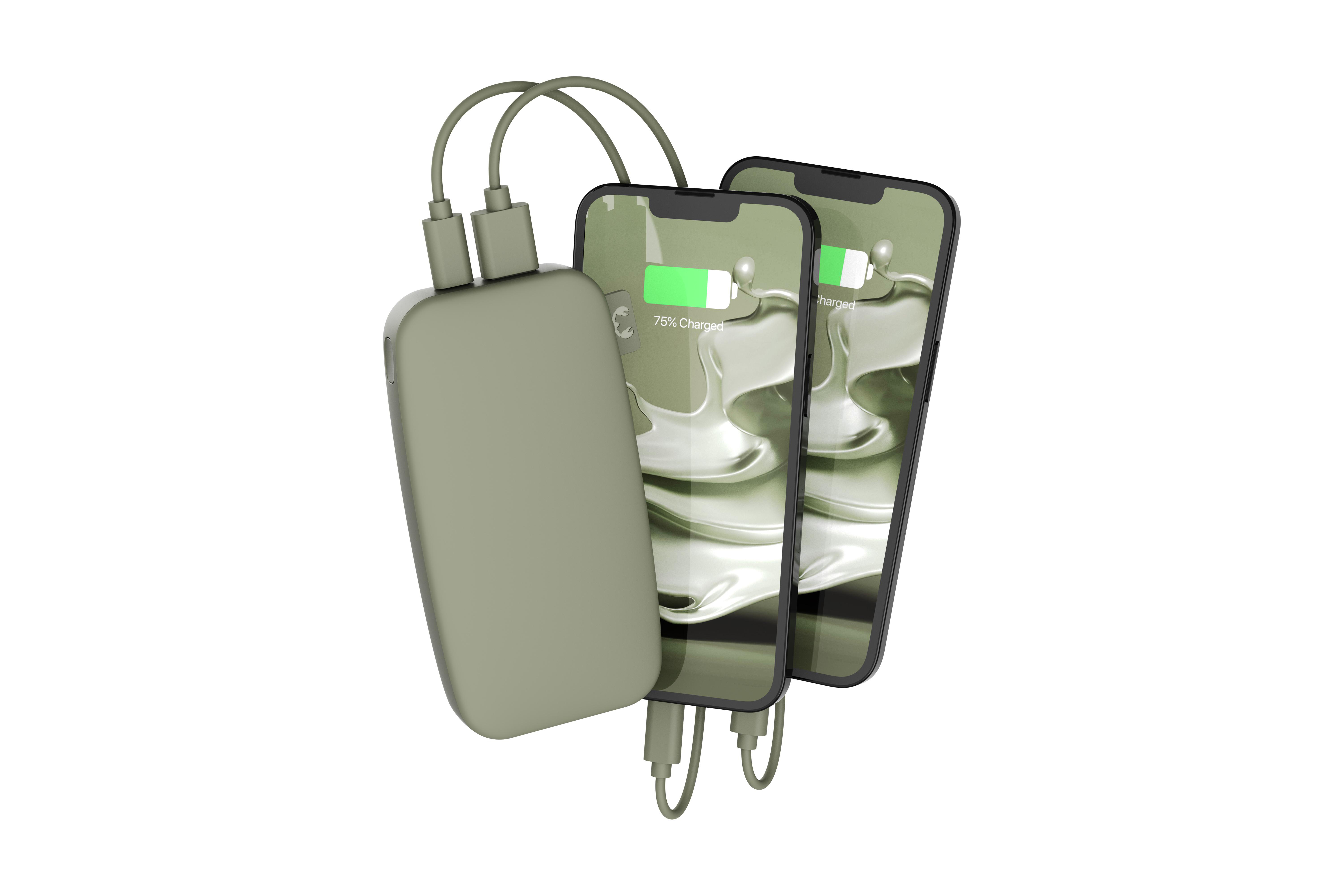 Grüne Powerbank lädt zwei Telefone.
