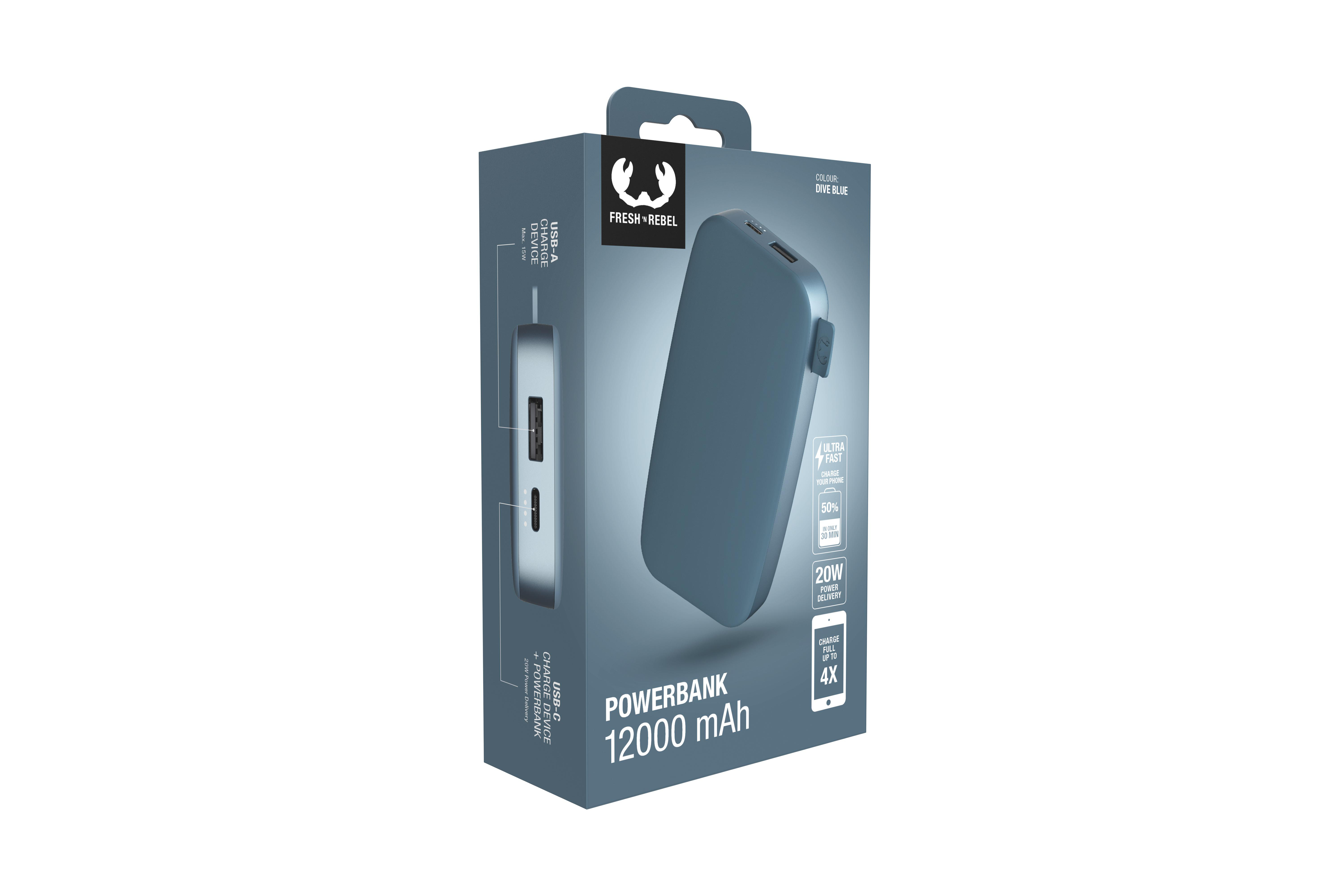 Powerbank in einer Box, mit blau-grauer Farbe und Ladeinformationen.