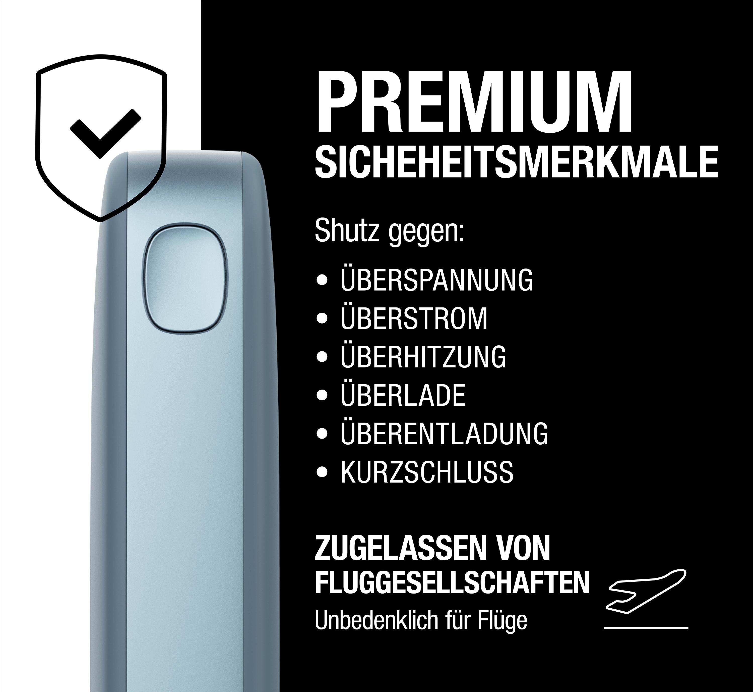 Blaues und schwarzes Werbebild mit Sicherheitsmerkmalen, mit Schild und Häkchen und dem Text 'PREMIUM'.