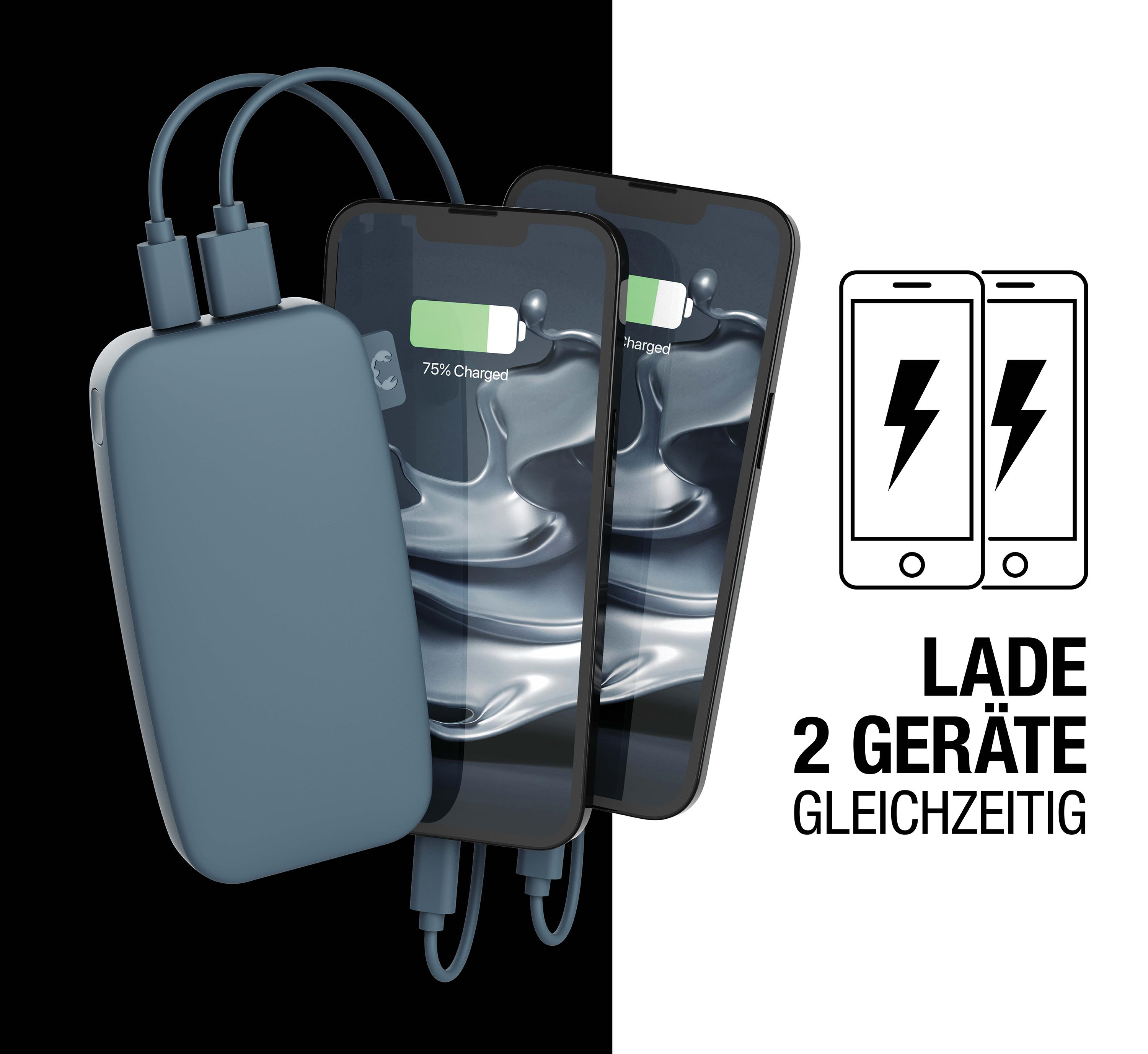 Zwei Smartphones laden von einer Powerbank. Eines zeigt 75% geladen. Schwarz-weißer Hintergrund.