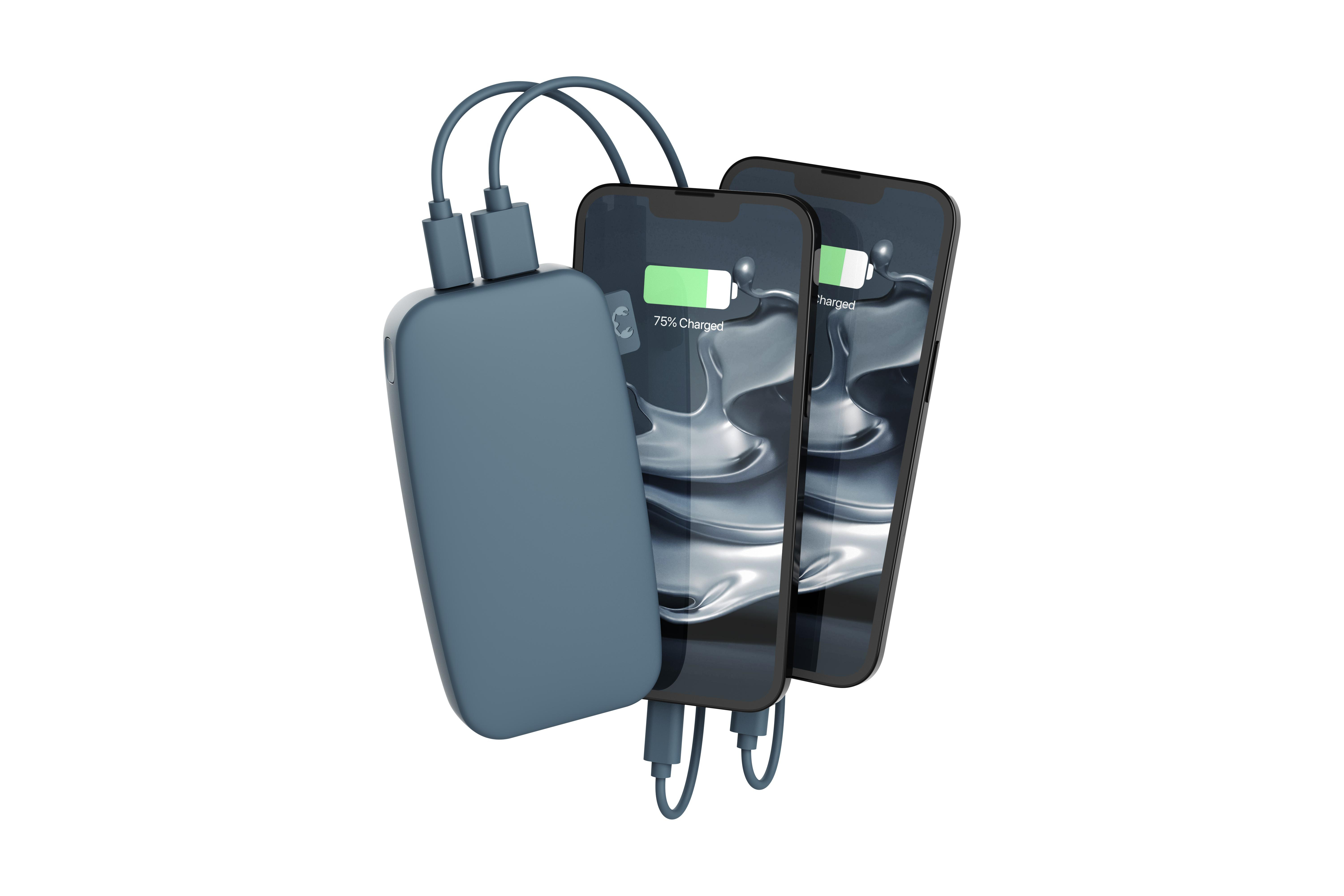 Eine blaue Powerbank, die zwei Telefone zu 75 % auflädt, vor weißem Hintergrund.