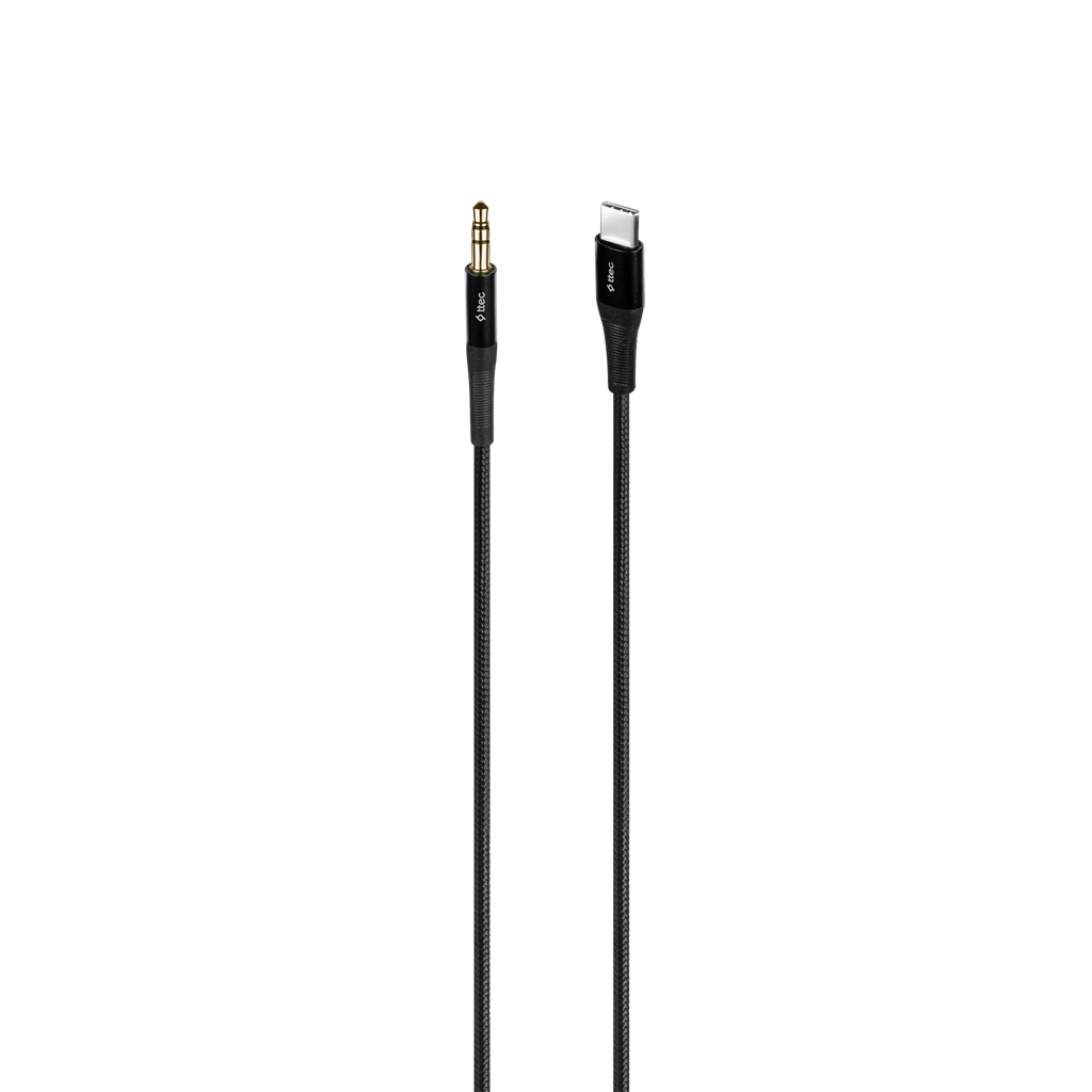 3,5 mm jak ve USB-C konektörlü siyah kablo, düz siyah bir arka plan üzerinde.