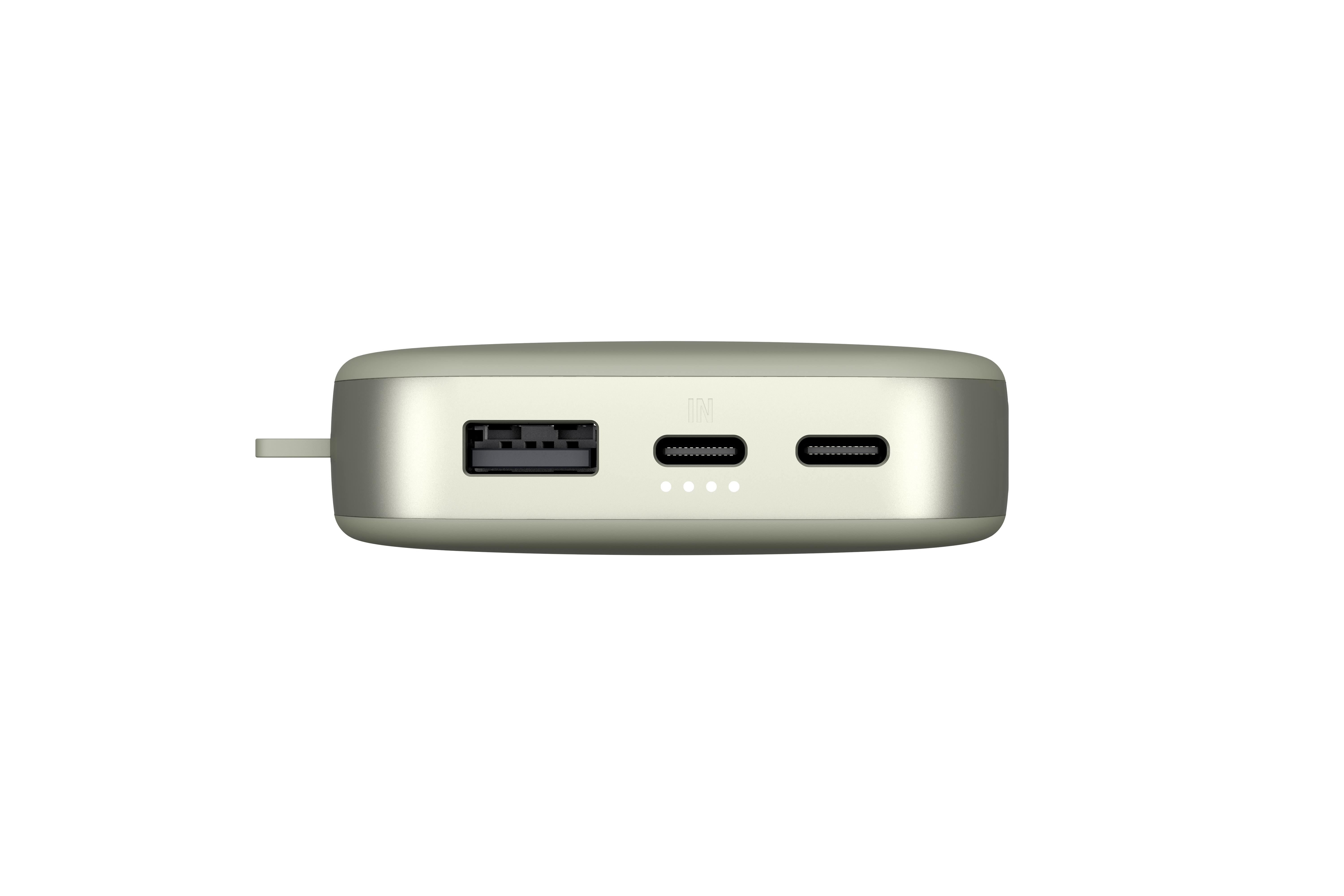 Hellfarbene Powerbank mit USB-, IN- und USB-C-Anschlüssen, Draufsicht.