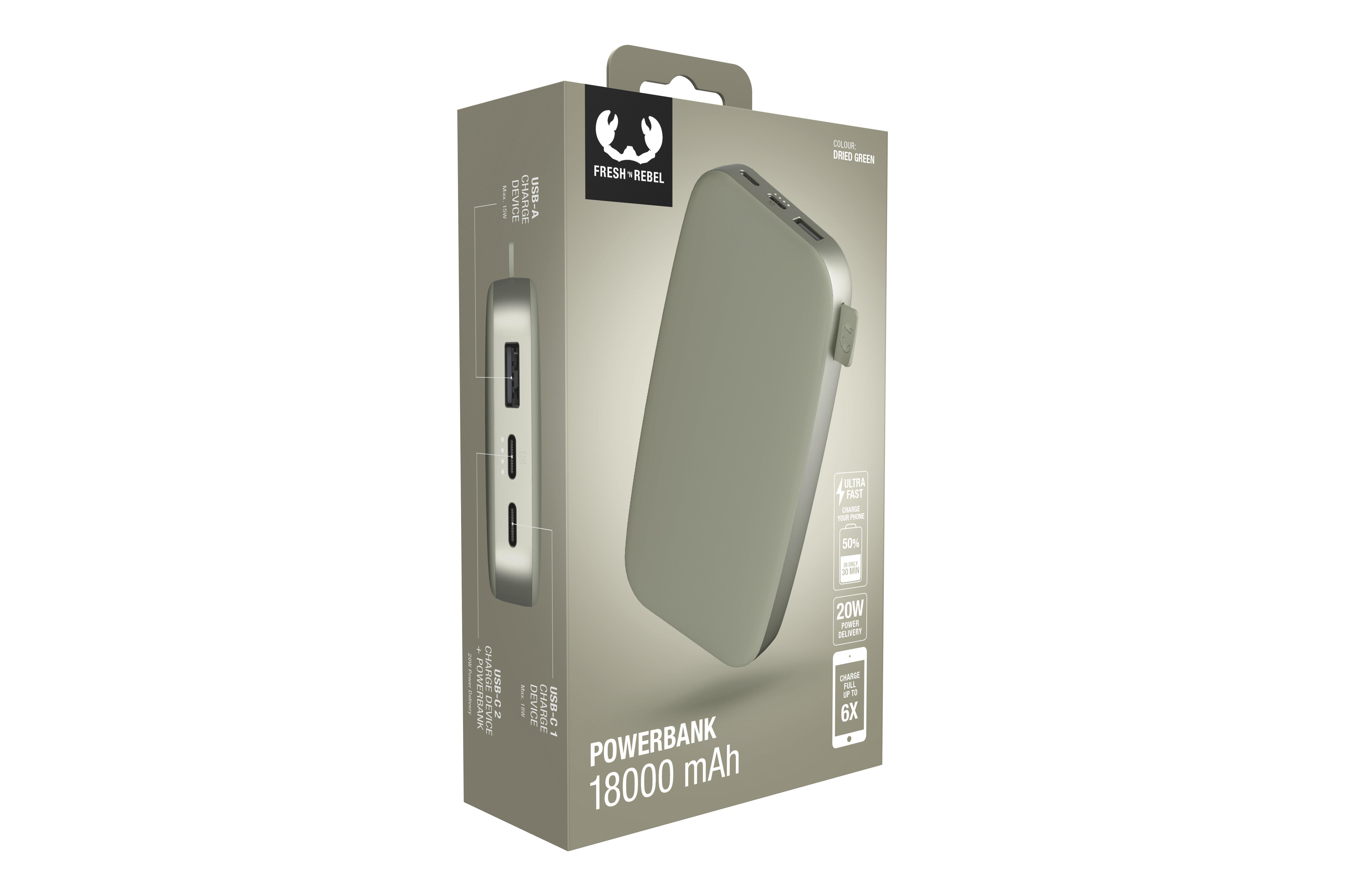 Powerbank in einer Box. Sie ist hellgrün mit einer schwarzen Box. Die Box zeigt Details zur Powerbank.
