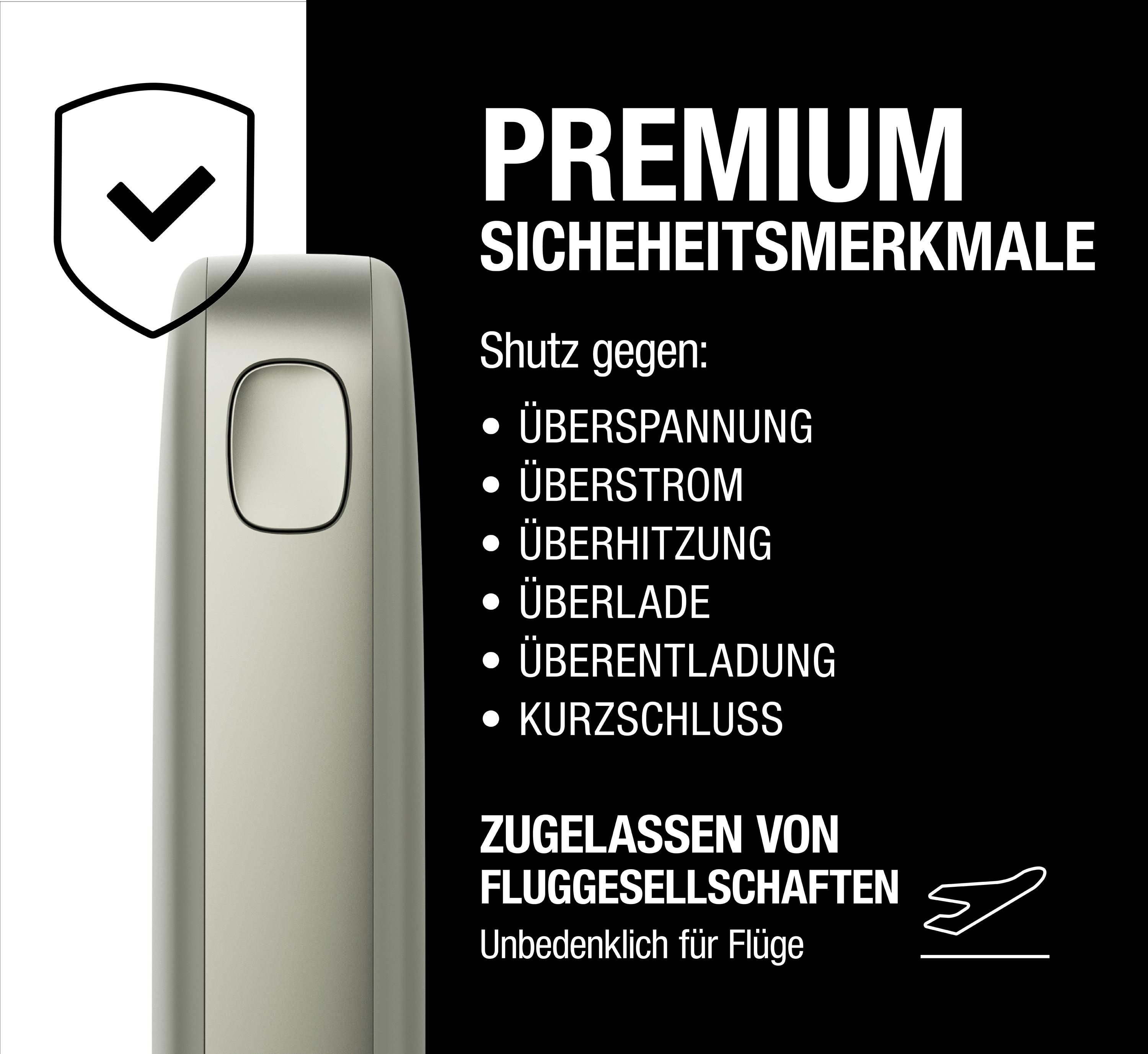 Ein weißes, schlankes Gerät und ein Schutzschildsymbol. Text: PREMIUM SICHERHEITSMERKMALE. Liste der Schutzfunktionen.