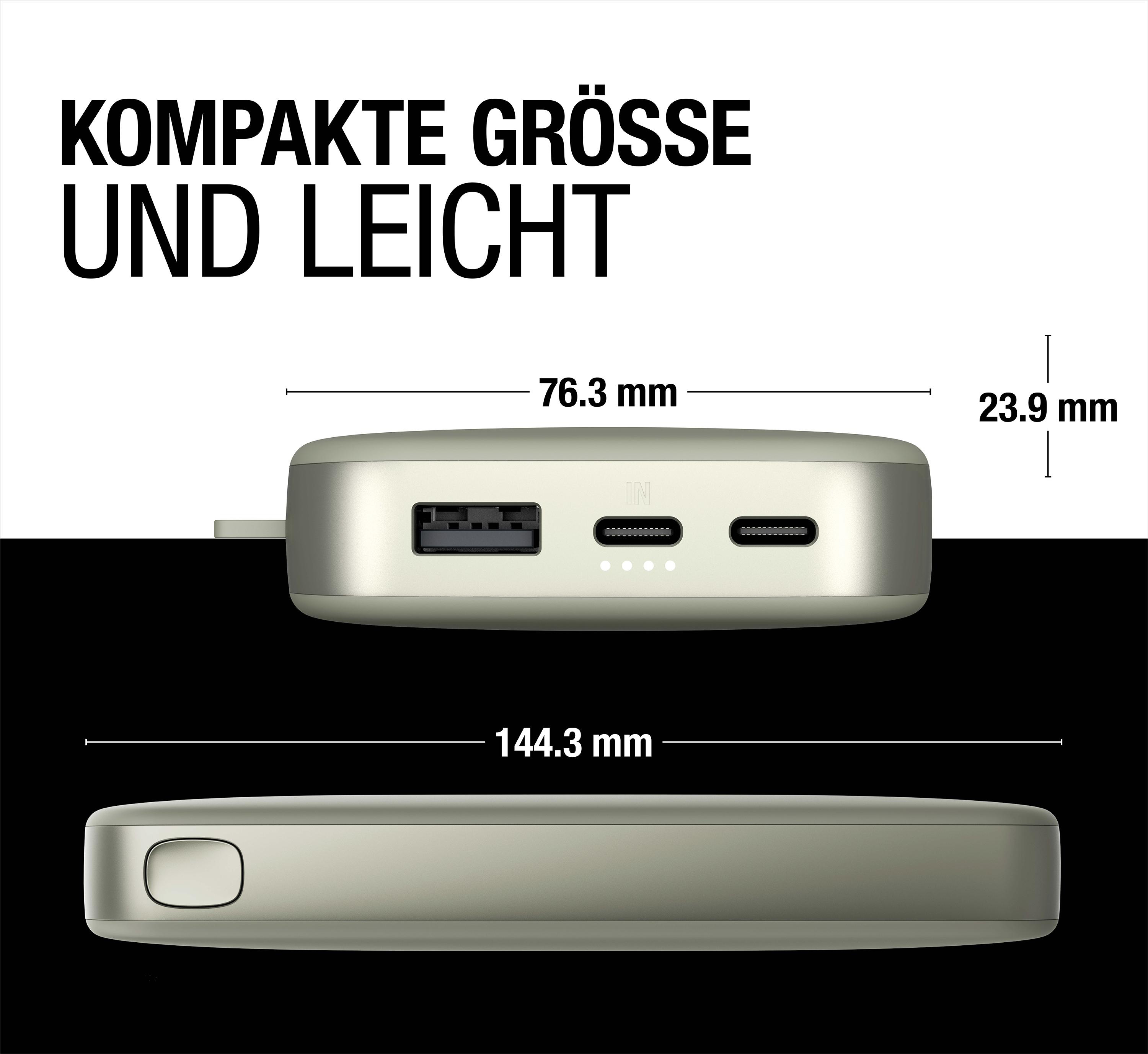 Eine silberne Powerbank mit Maßen. Es hat USB- und andere Anschlüsse.
