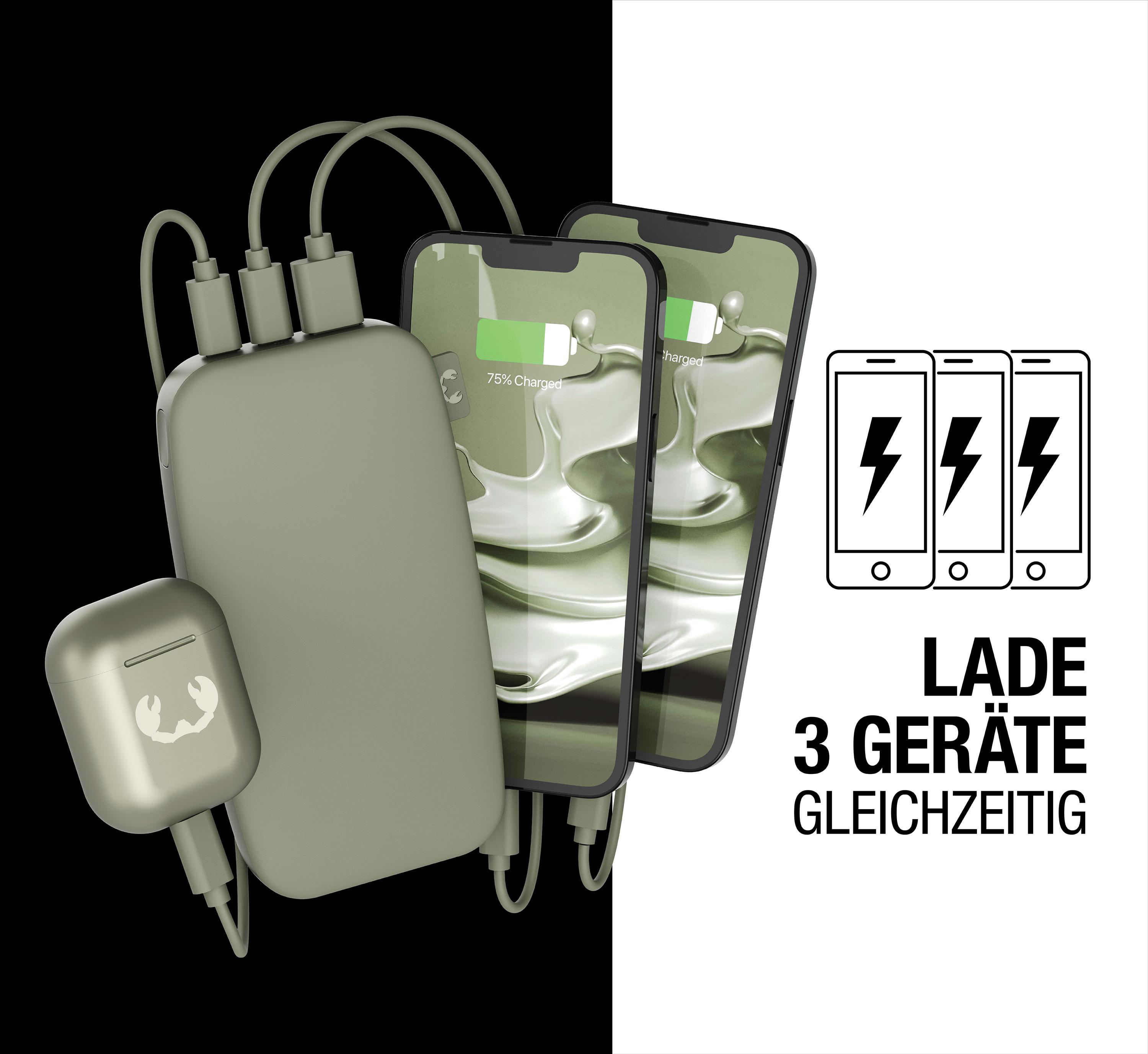 Eine Powerbank mit drei ladenden Telefonen. Ein Ohrhörer, der neben der Powerbank geladen wird. Text: Lade 3 Geräte.