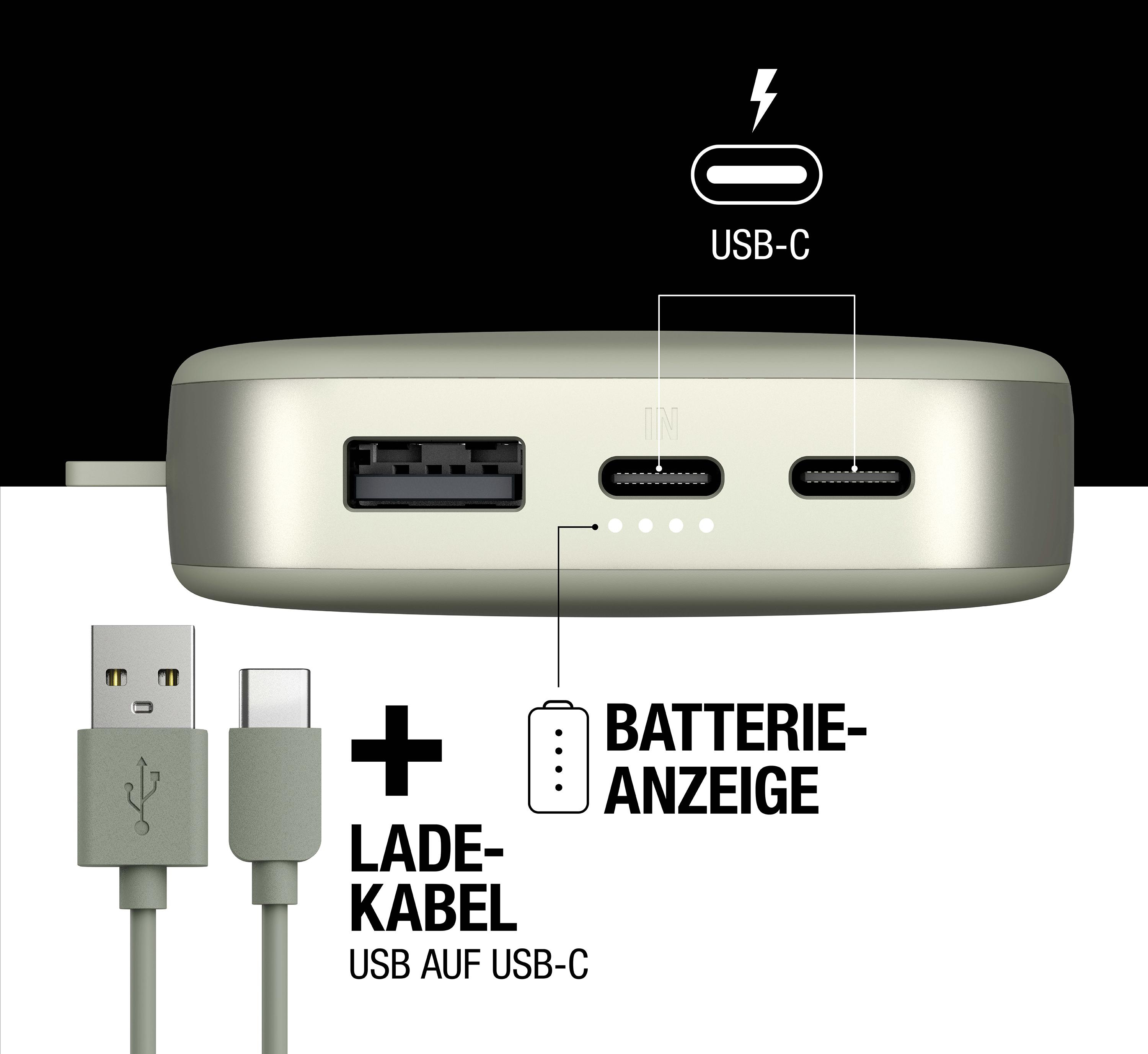 Powerbank mit USB- und USB-C-Anschlüssen und Ladekabel daneben.