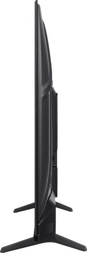 Widok z boku na czarny telewizor z cienkimi nogami.