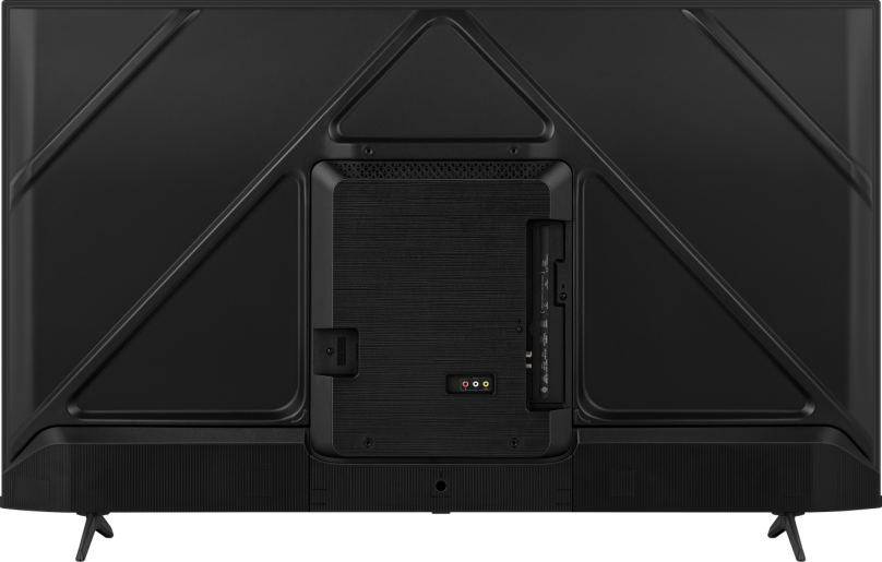 Tył czarnego telewizora, na którym widać porty połączeniowe i geometryczny wzór.