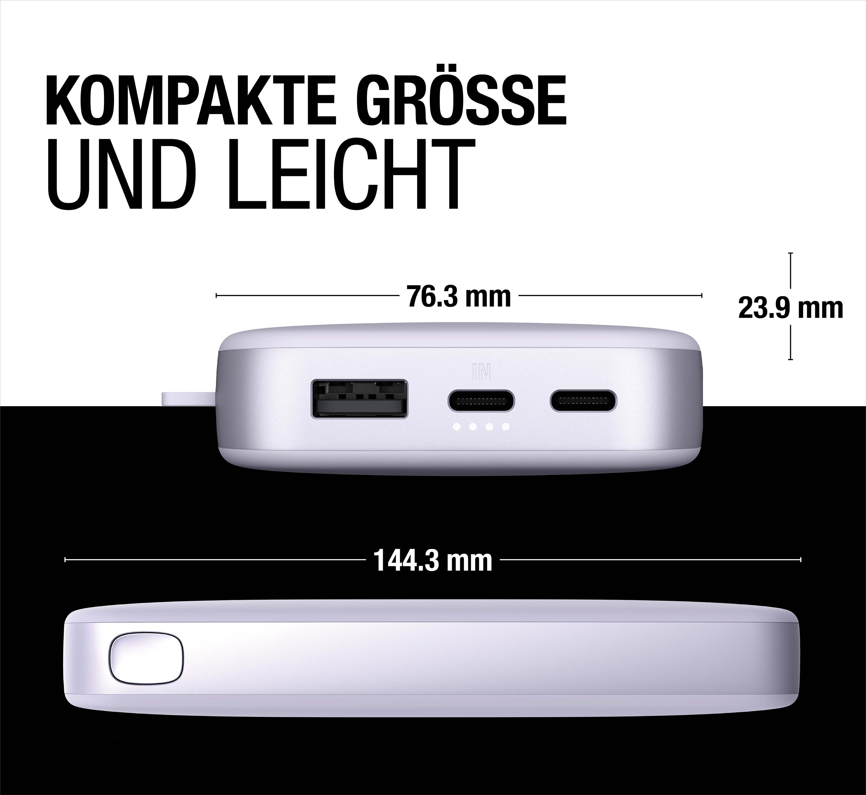 Eine silberne Powerbank mit angegebenen Abmessungen und Anschlüssen für Ein- und Ausgang.