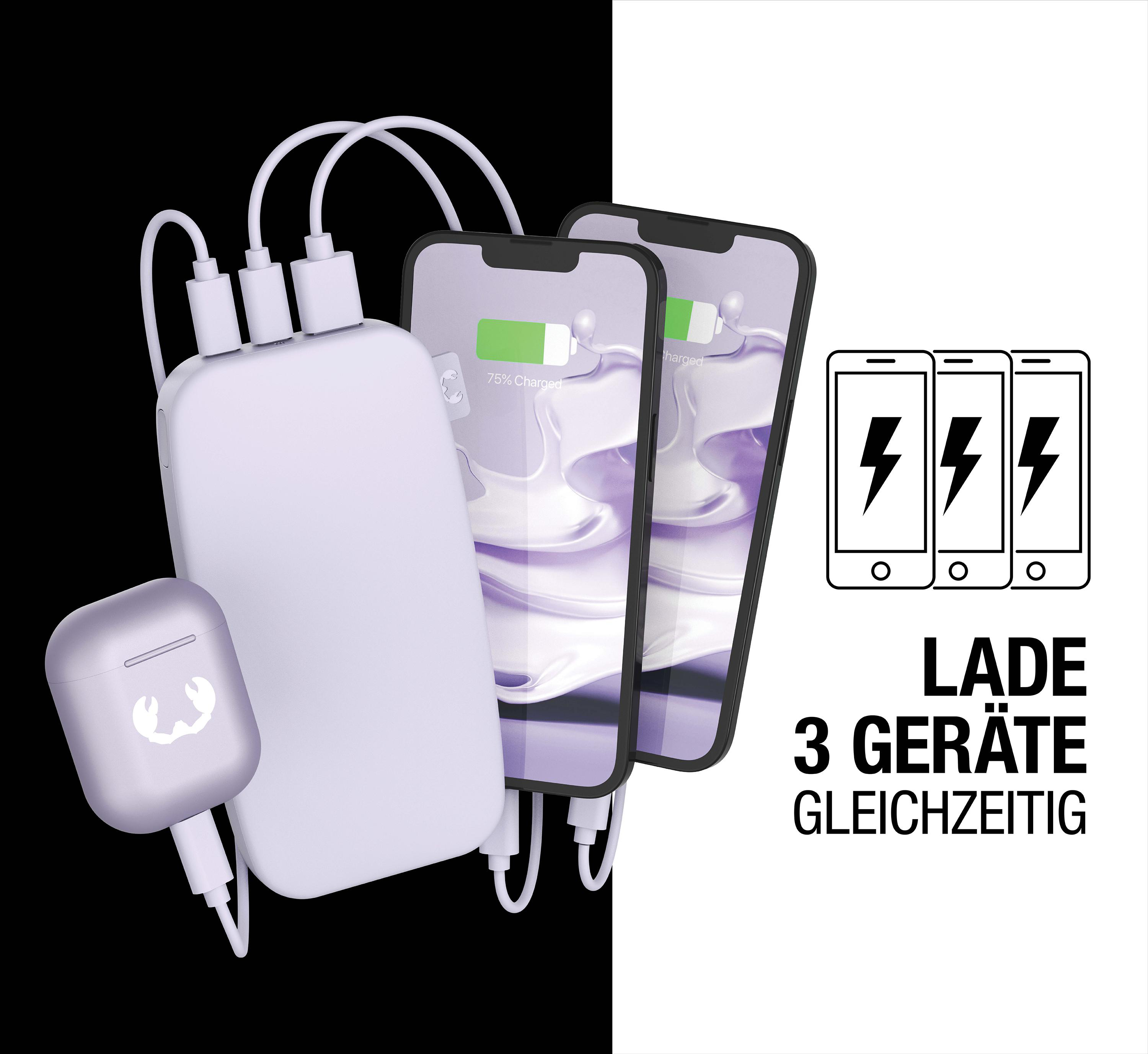 Drei Telefone laden von einer Powerbank, mit einer kabellosen Ladehülle.
