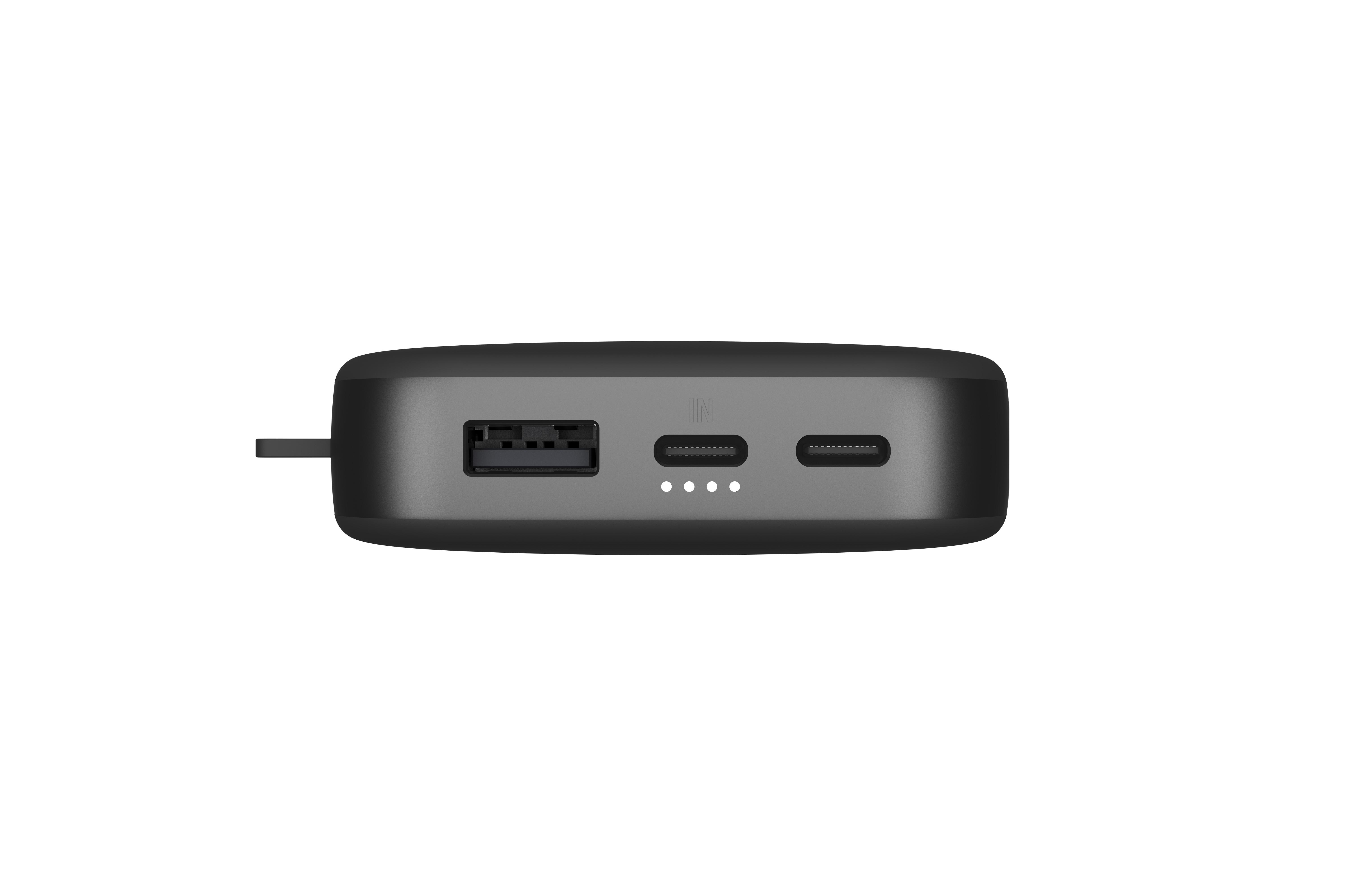 Schwarze Powerbank mit USB, USB-C und Ladeanzeige. Weißer Hintergrund.