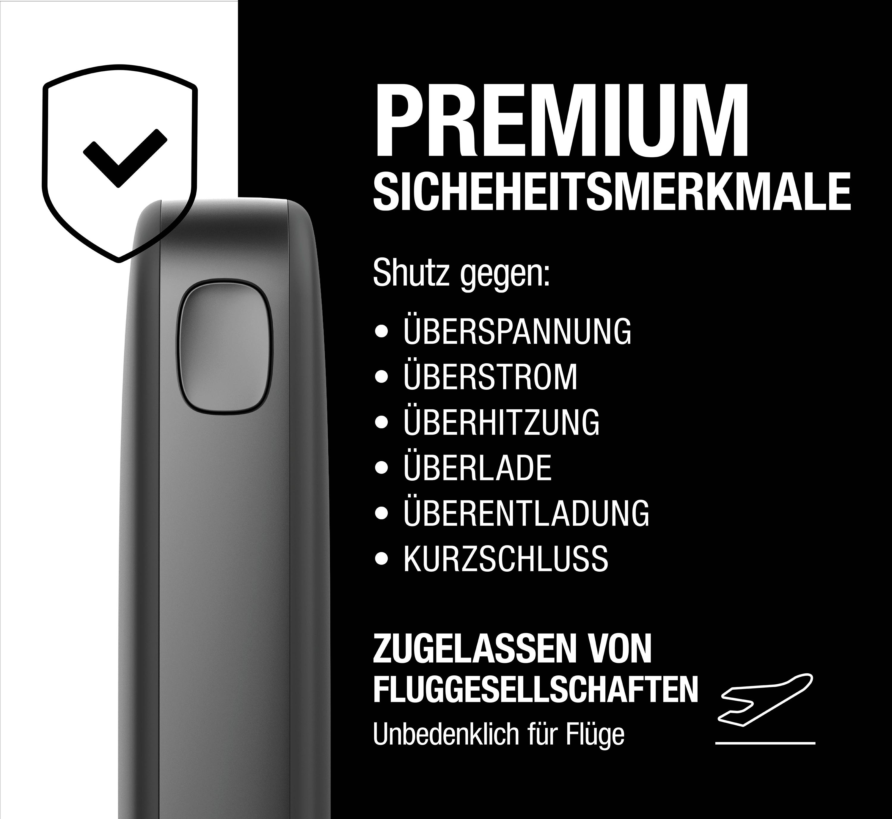 Ein schwarzes Gerät mit einem Schildsymbol und Sicherheitshinweisen auf weißem Hintergrund.