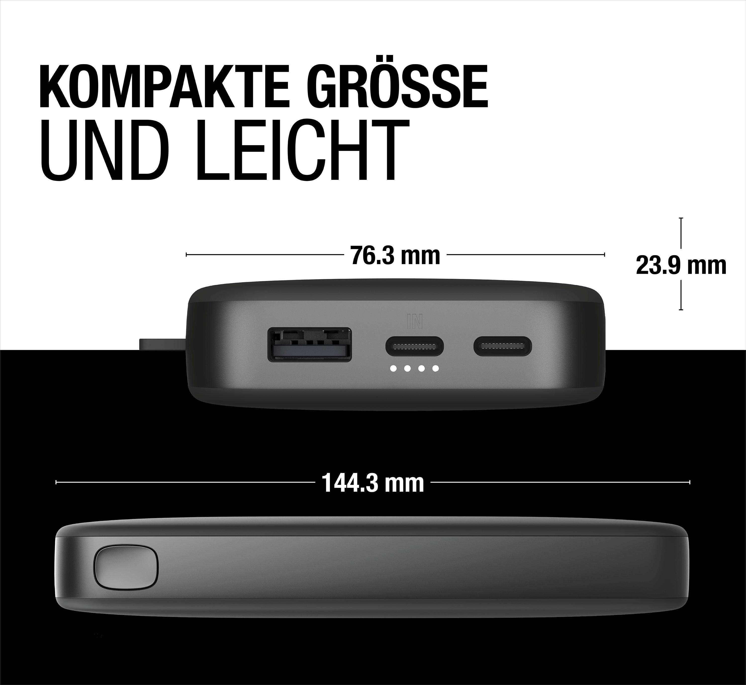 Eine schwarze Powerbank mit Abmessungen. Weißer Hintergrund. Der Text ist auf Deutsch.