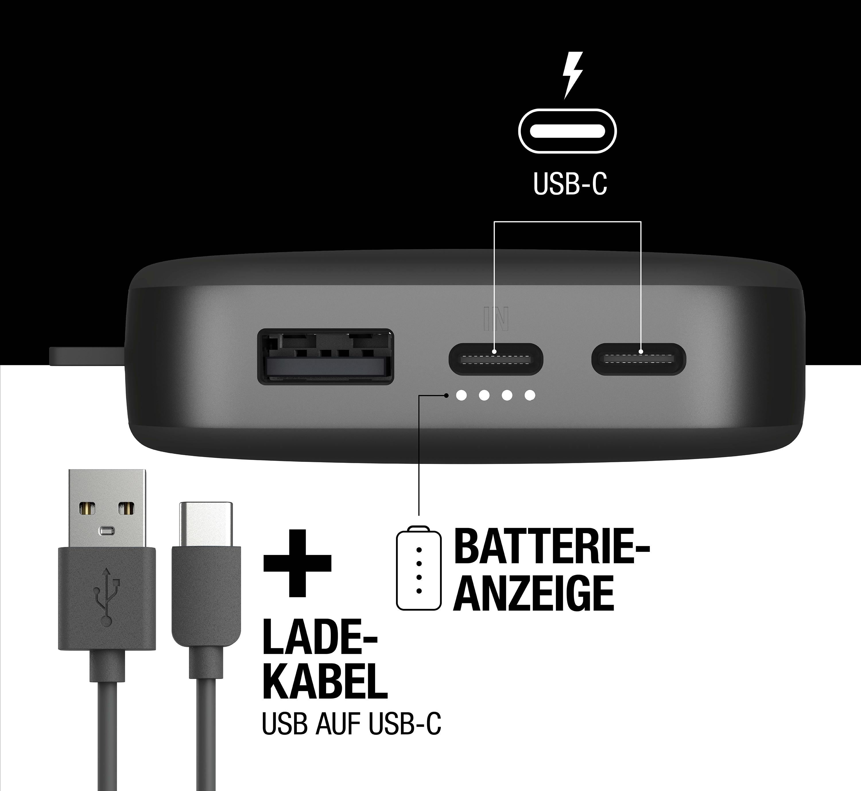 Eine Powerbank mit USB- und USB-C-Anschlüssen. Kabel zum Aufladen werden angezeigt.